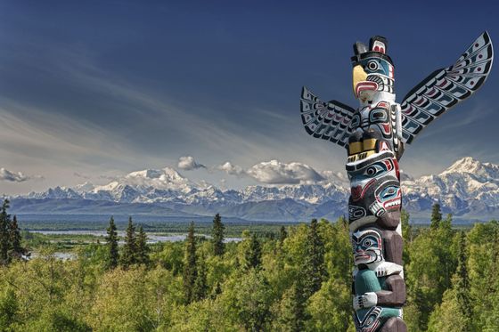 A totem pole in the middle of a forest with mountains in the background