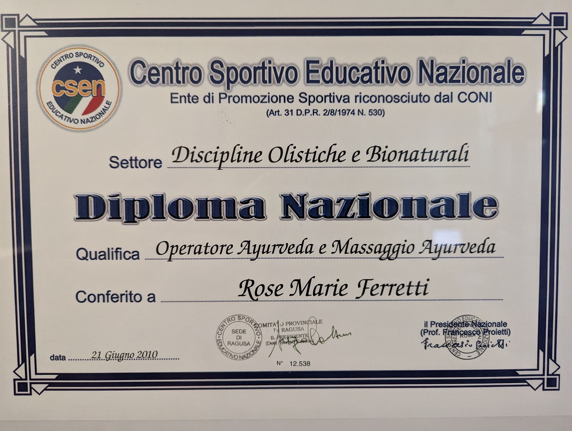 diploma nazionale centro sportivo rose marie ferretti