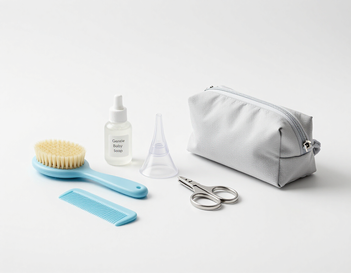 Kit de aseo para bebés que incluye un cepillo azul, un peine, un biberón pequeño transparente, un aspirador nasal, tijeras para bebés y una bolsita gris.