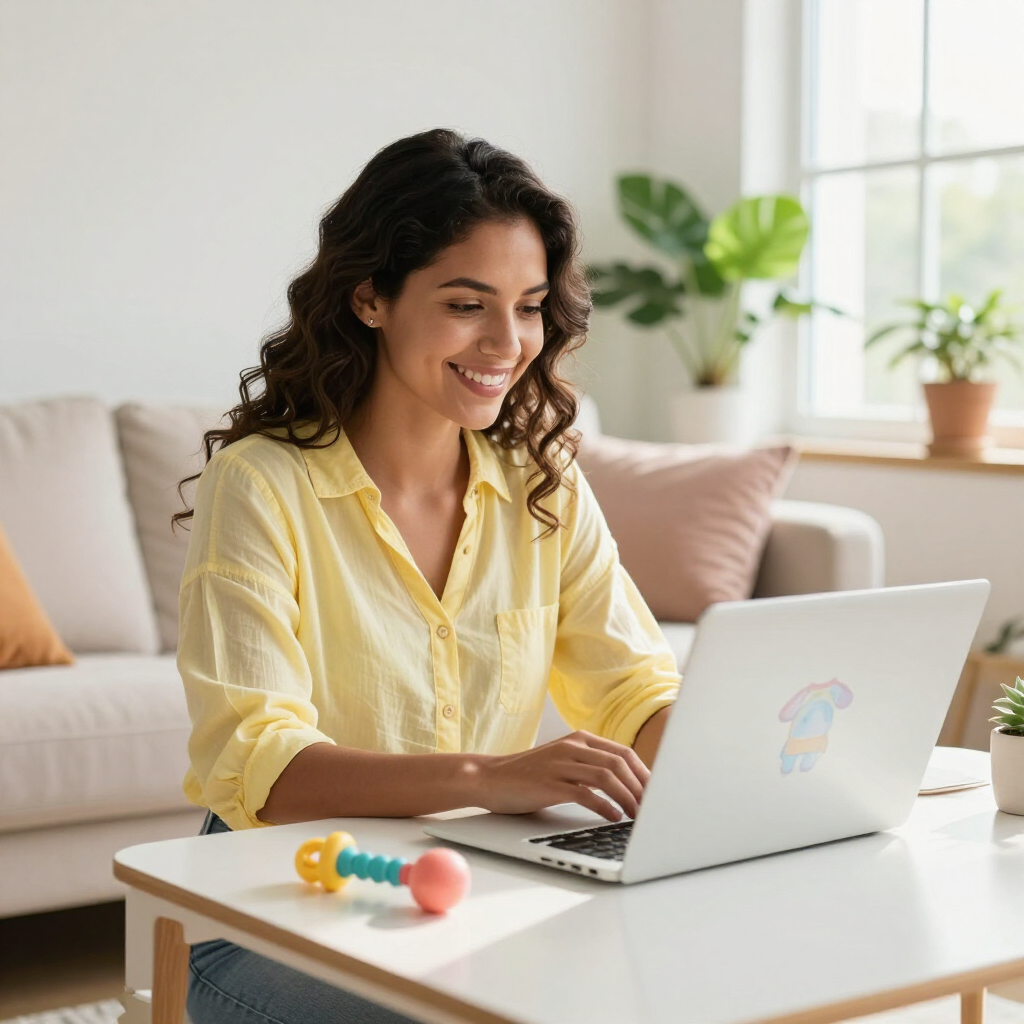 Mujer con camisa amarilla sonriendo mientras teclea en una computadora portátil en una mesa luminosa con juguetes cerca.
