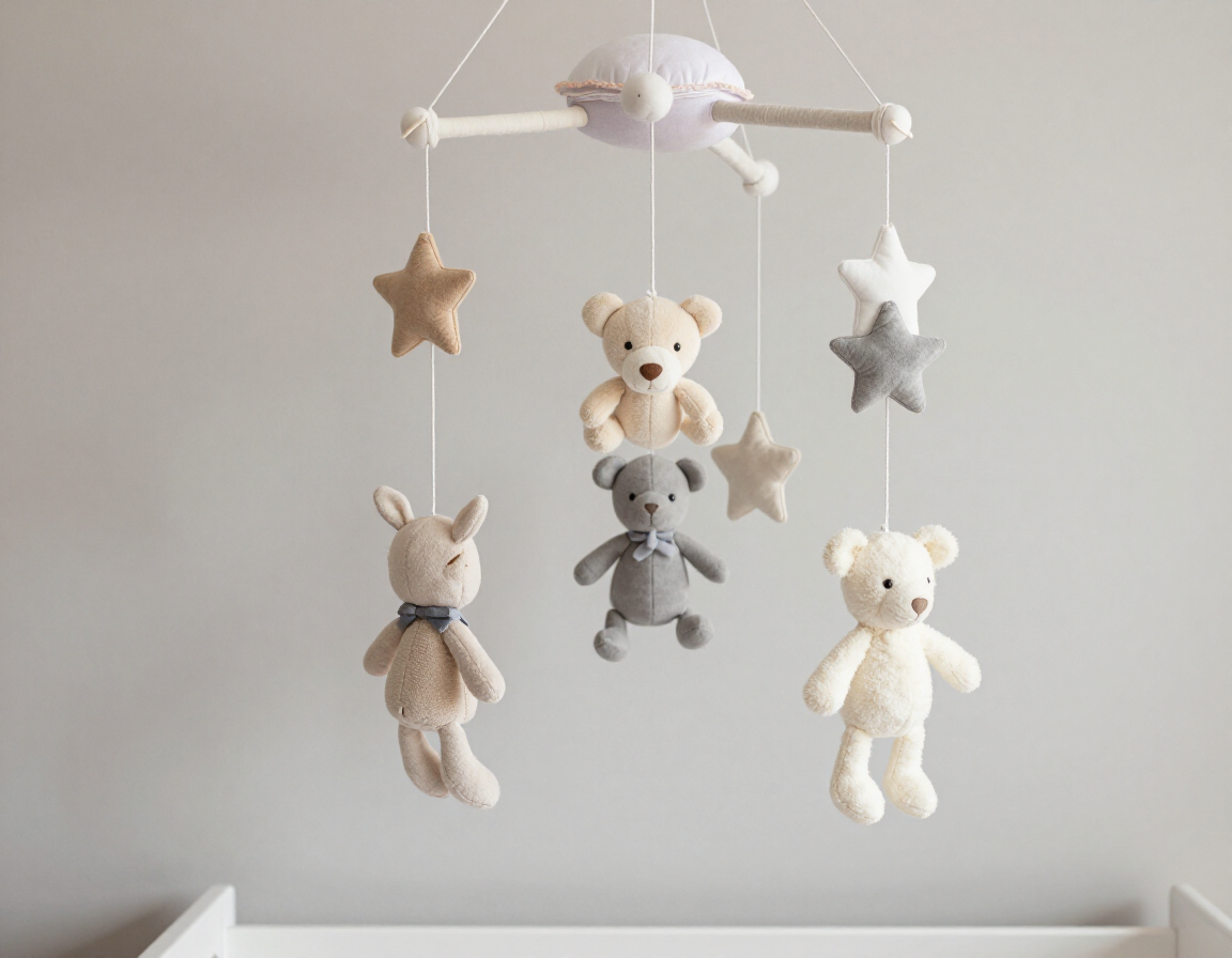 Un móvil infantil con estrellas de fieltro colgantes y ositos de peluche en tonos crema, gris y beige sobre una pared gris.
