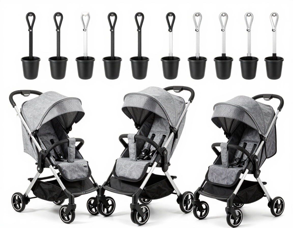Tres cochecitos de bebé grises dispuestos en fila, con diez cepillos de limpieza alineados encima de ellos sobre un fondo blanco.