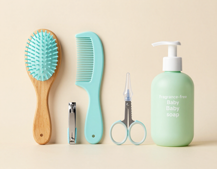 Un juego de utensilios de aseo para bebés en colores pastel: un cepillo con mango de madera, un peine, cortaúñas, tijeras y un dispensador de jabón.