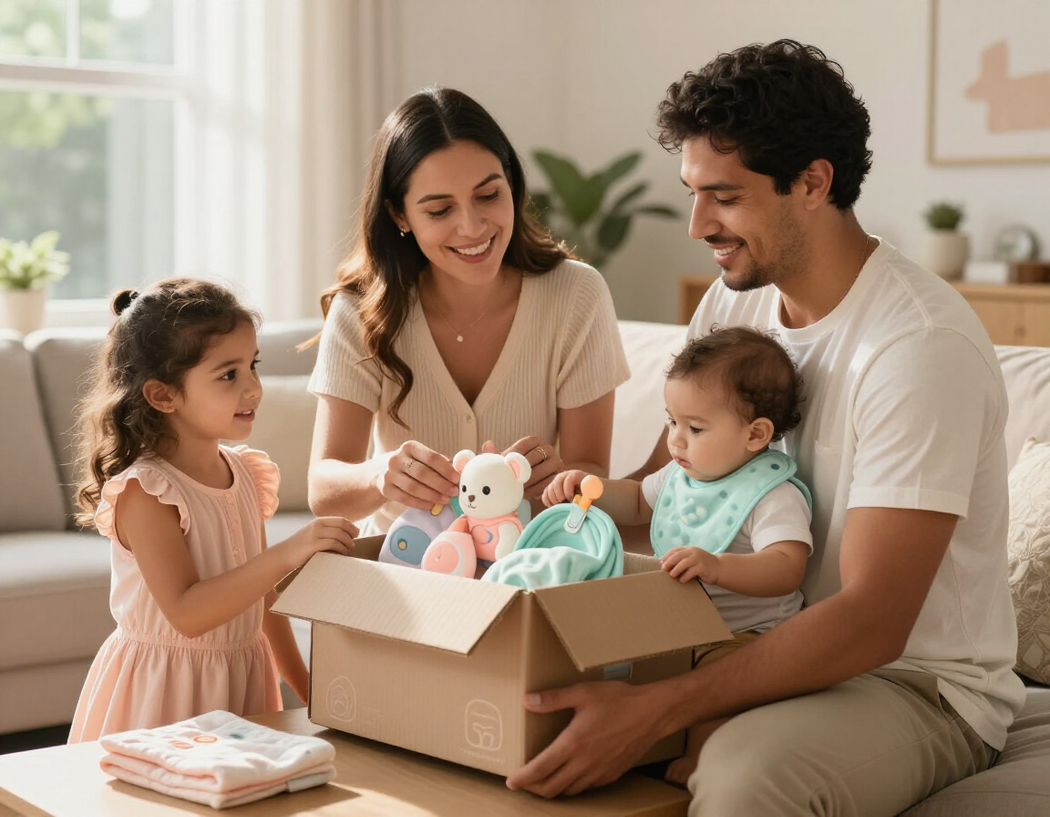 Una familia sentada en un sofá desempaqueta una caja de cartón que contiene ropa de bebé y un peluche en una luminosa sala de estar.