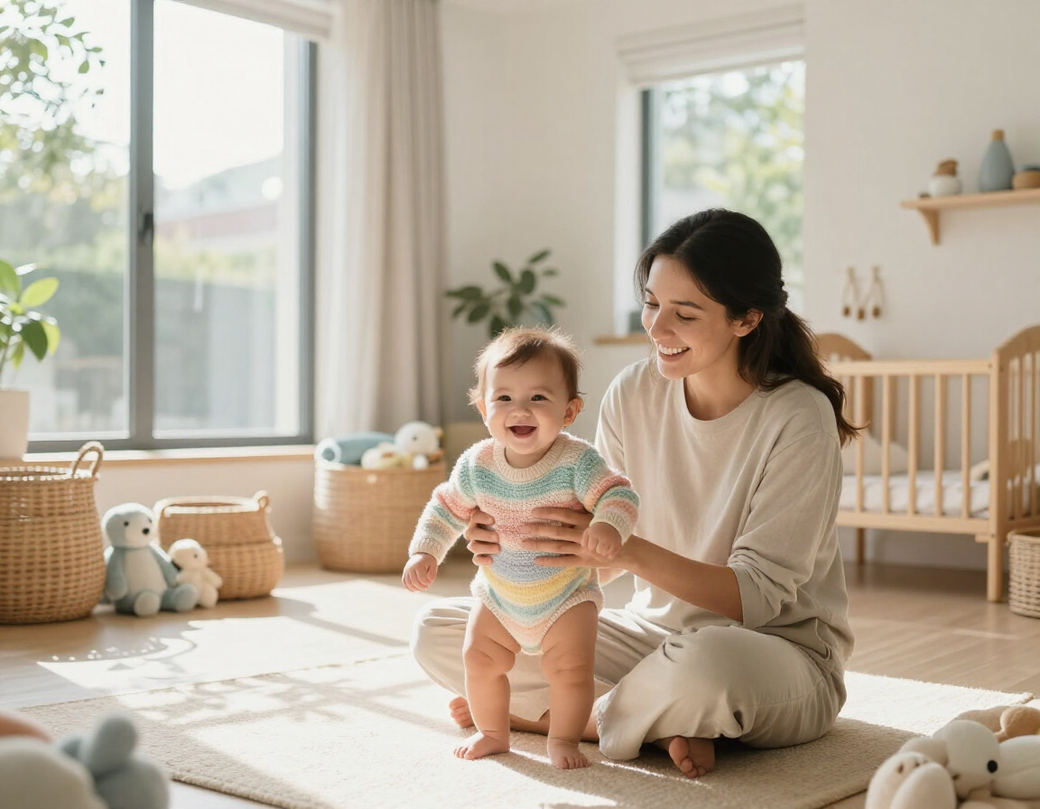 Un padre o una madre está sentado sobre una alfombra en una habitación soleada, sonriendo mientras sostiene a un bebé de pie que lleva un pelele a rayas.