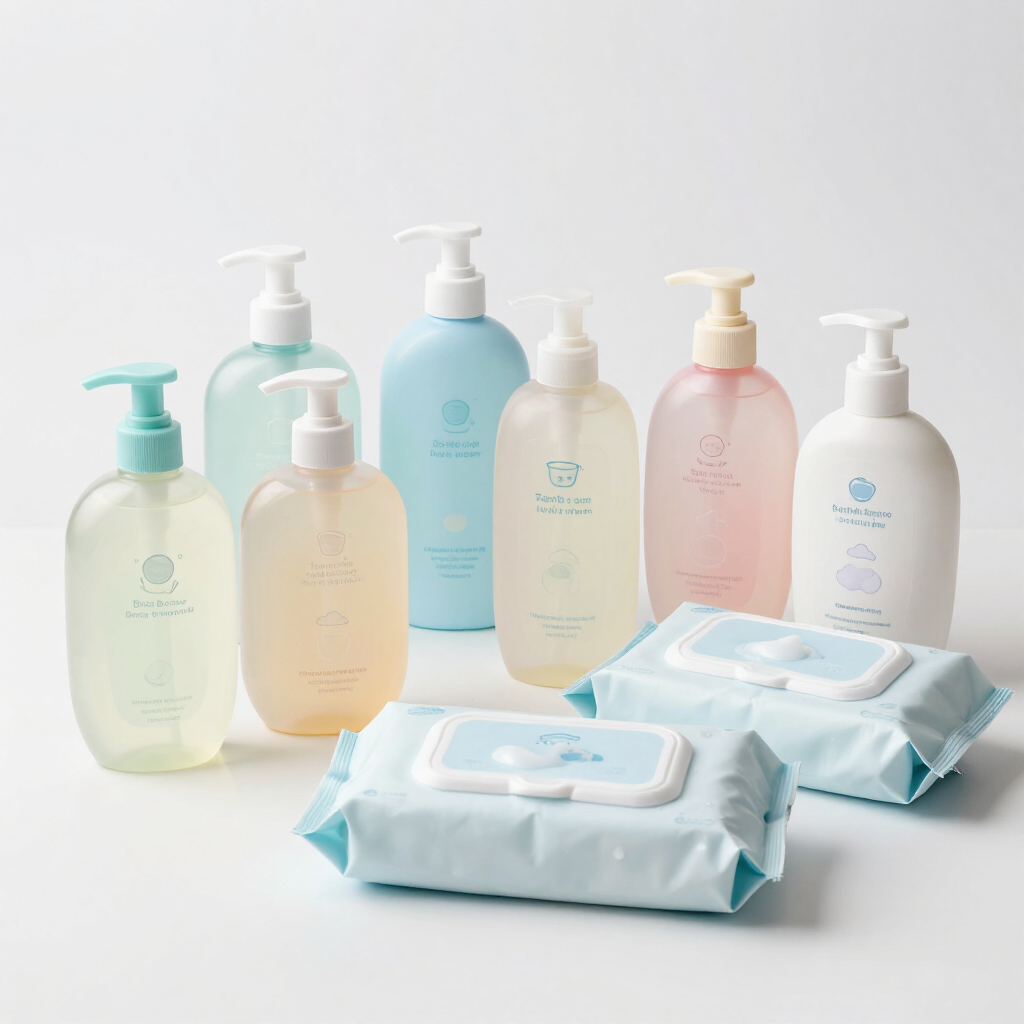 Una colección de dispensadores de jabón de varios colores pastel y dos paquetes de toallitas húmedas dispuestos sobre una superficie blanca.