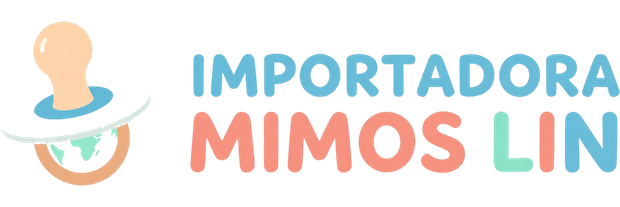 Logotipo de Importadora Mimos Lin con el icono de un chupete sobre un globo terráqueo y texto en azul y rosa salmón.