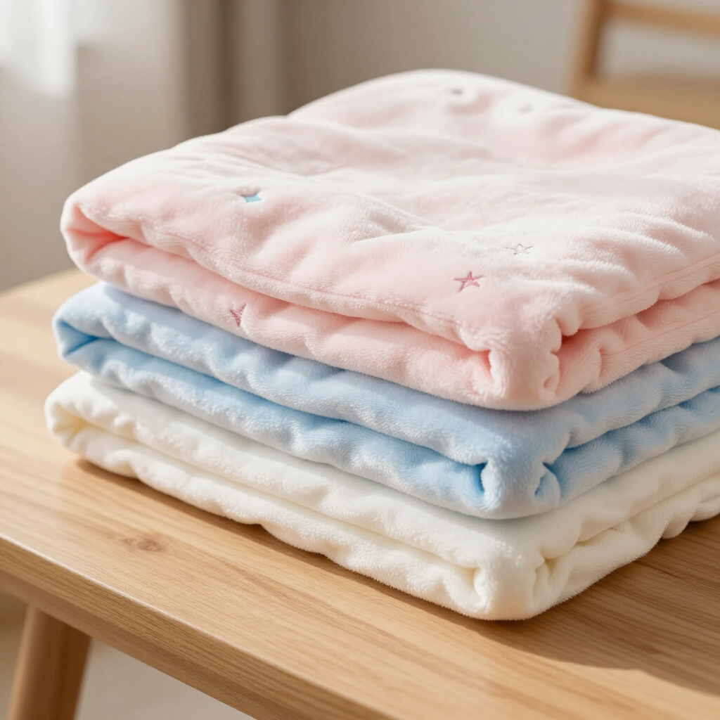 Una pila de tres mantas suaves y dobladas, de color rosa pastel, azul claro y blanco, descansan sobre una mesa de madera clara.