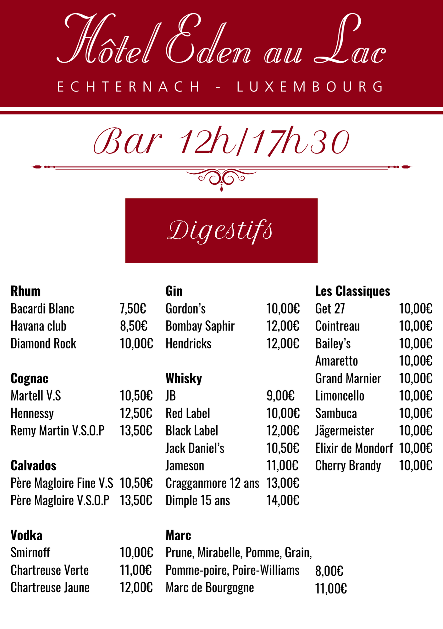 Menu de l'Hôtel Eden au Lac à Luxembourg avec une liste de digestifs comprenant du Cognac, du Whisky et des Liqueurs.