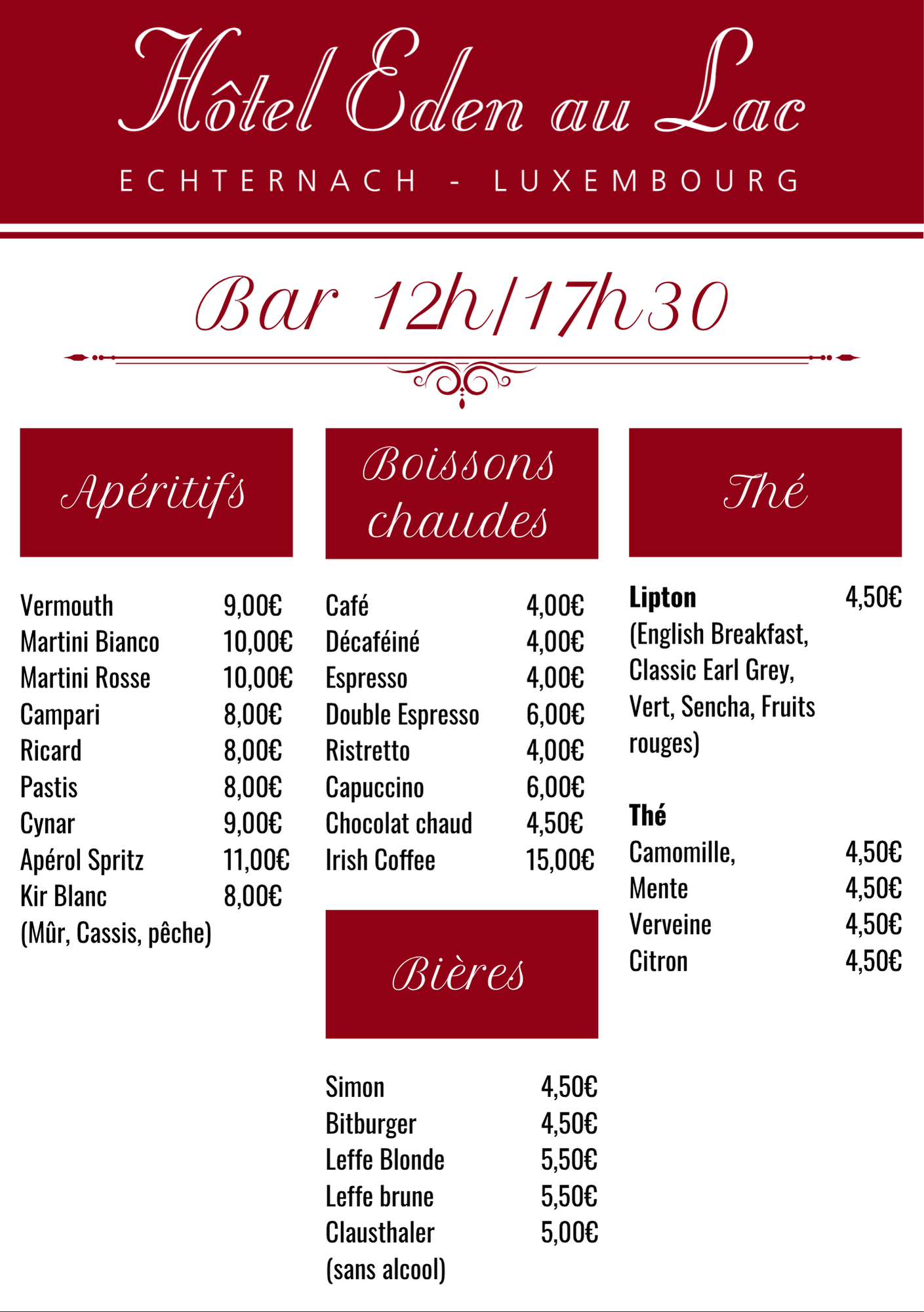 Carte de l'Hôtel Eden au Lac, Echternach, Luxembourg. Présente les offres du bar : apéritifs, boissons chaudes, thés et bières.