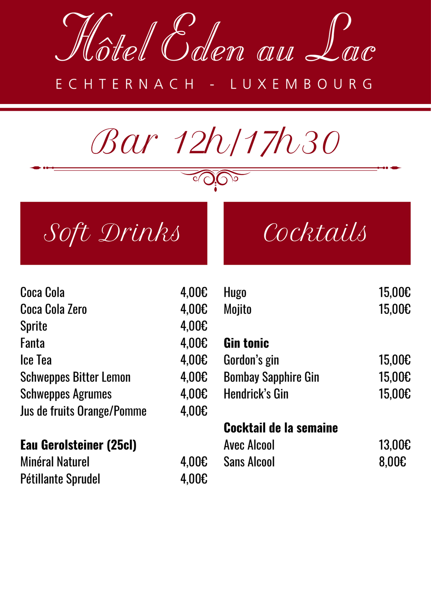 Carte de l'Hôtel Eden au Lac, proposant boissons sans alcool et cocktails. Tarifs inclus.