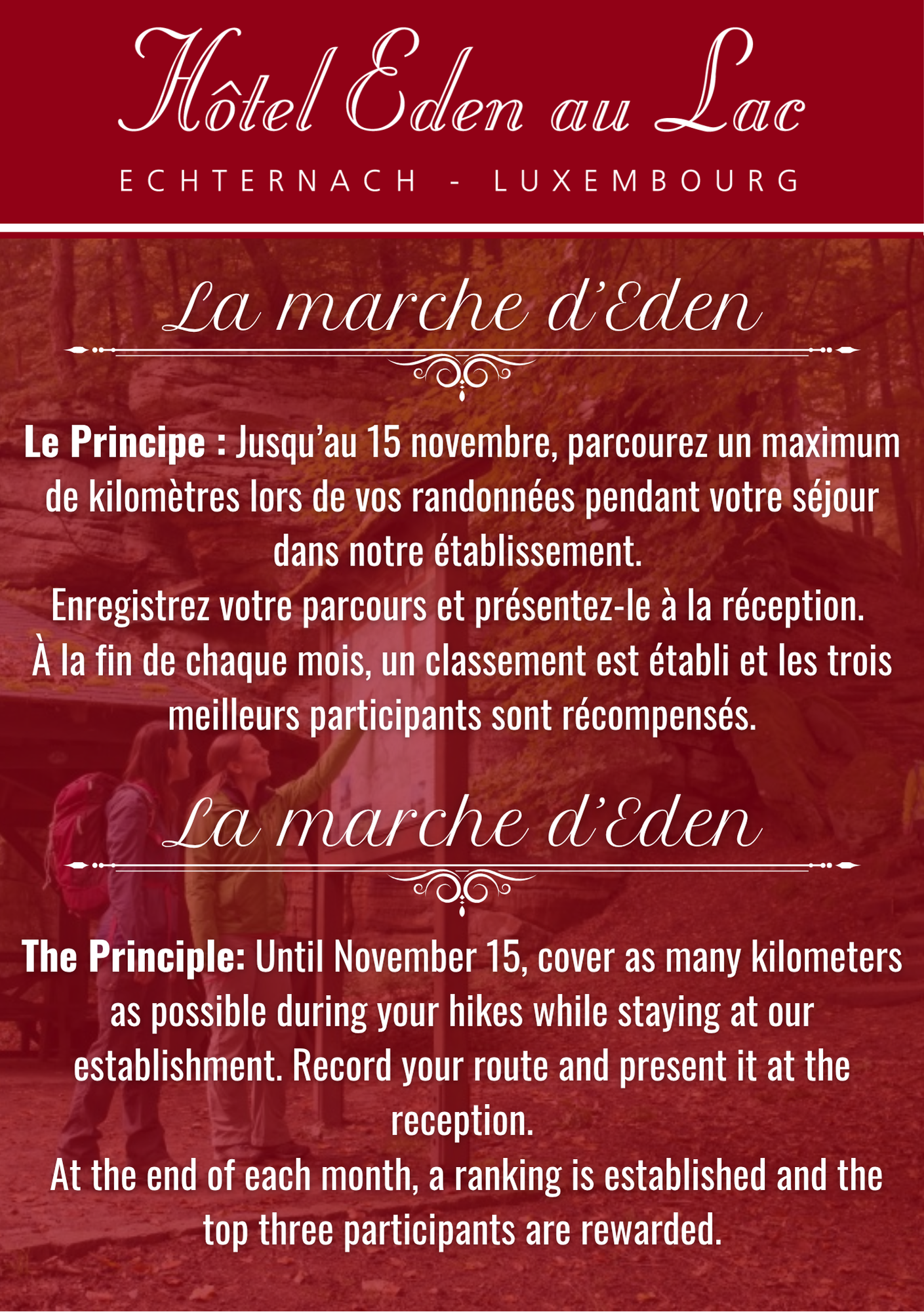 Affiche promotionnelle de l'Hôtel Eden au Lac, incitant les clients à la randonnée et au calcul des kilomètres. Texte en français et en anglais, ainsi qu'illustrations.