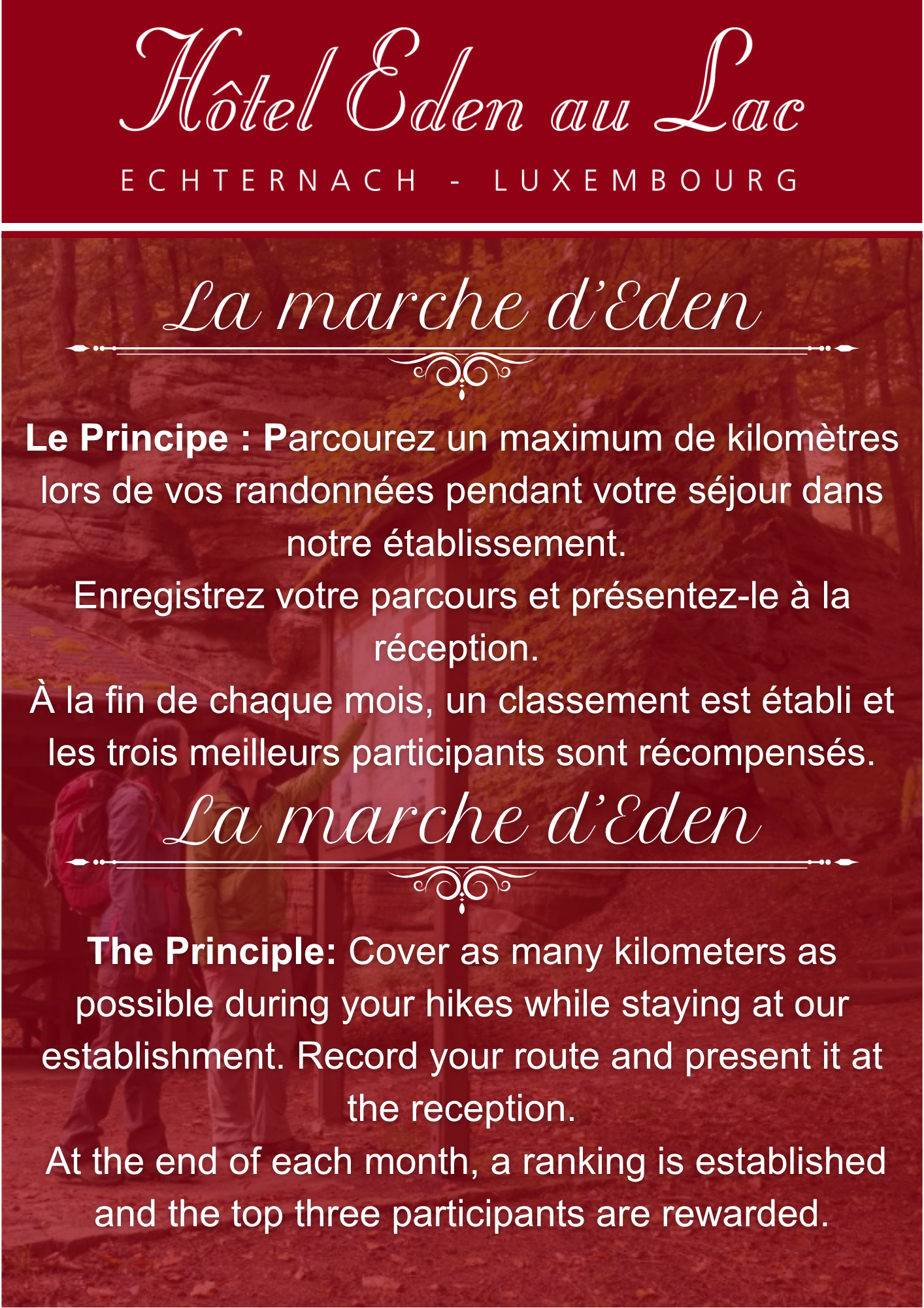 Affiche promotionnelle : L'Hôtel Eden au Lac, Luxembourg, encourage la randonnée pour gagner des prix jusqu'au 15 novembre.
