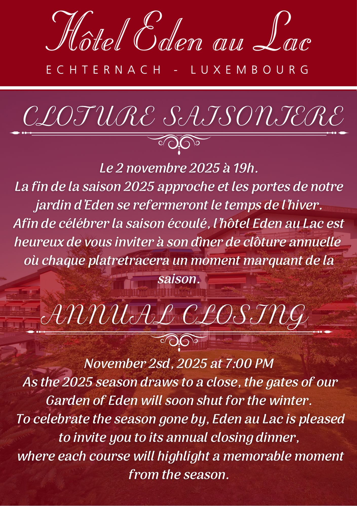 Affiche pour le dîner de clôture annuel de l'Hôtel Eden au Lac le 2 novembre 2025, à 19h, à Echternach, Luxembourg.