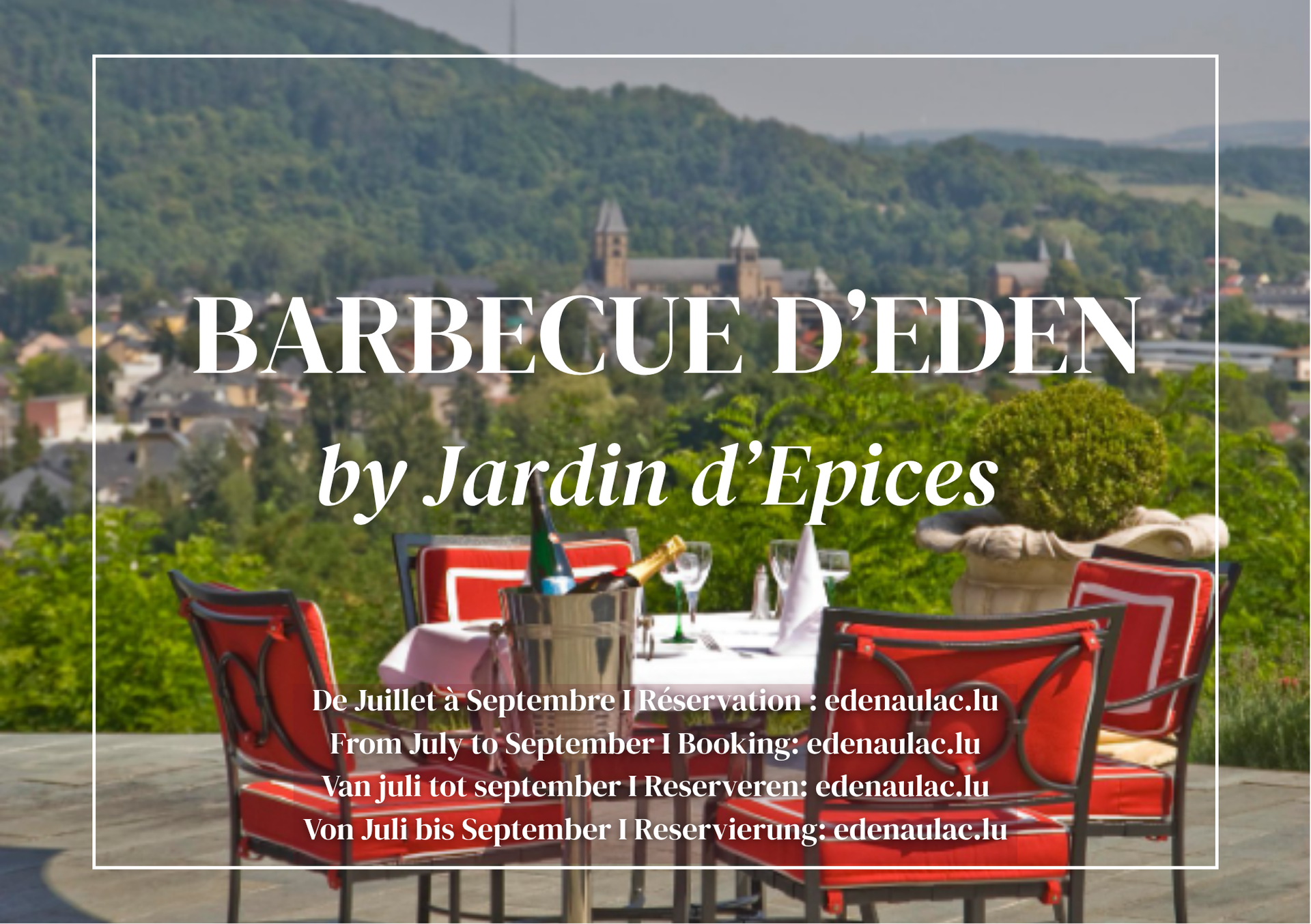 Affiche pour l'événement en plein air « Barbecue d'Eden » organisé par Jardin d'Epicure, avec chaises rouges et vue sur la montagne.