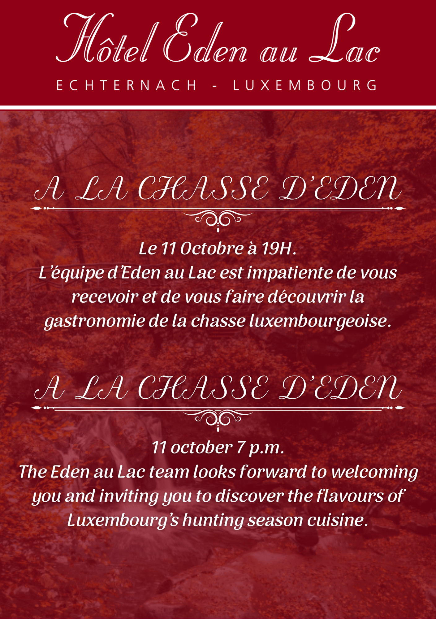 Affiche pour l'Hôtel Eden au Lac à Luxembourg annonçant un événement gastronomique de chasse le 11 octobre. Texte en français et en anglais.