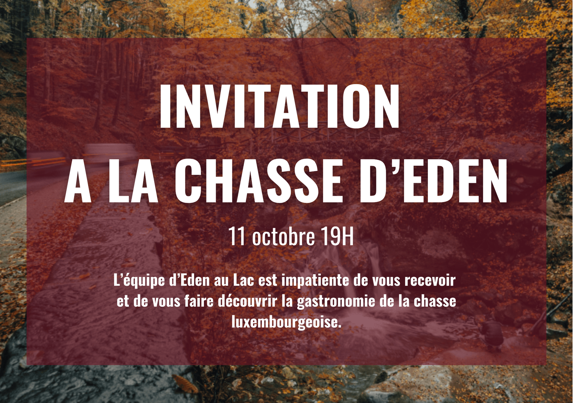 Invitation pour un événement sur le thème de la chasse à l'Eden au Lac le 11 octobre à 19h, sur fond de feuillage d'automne.