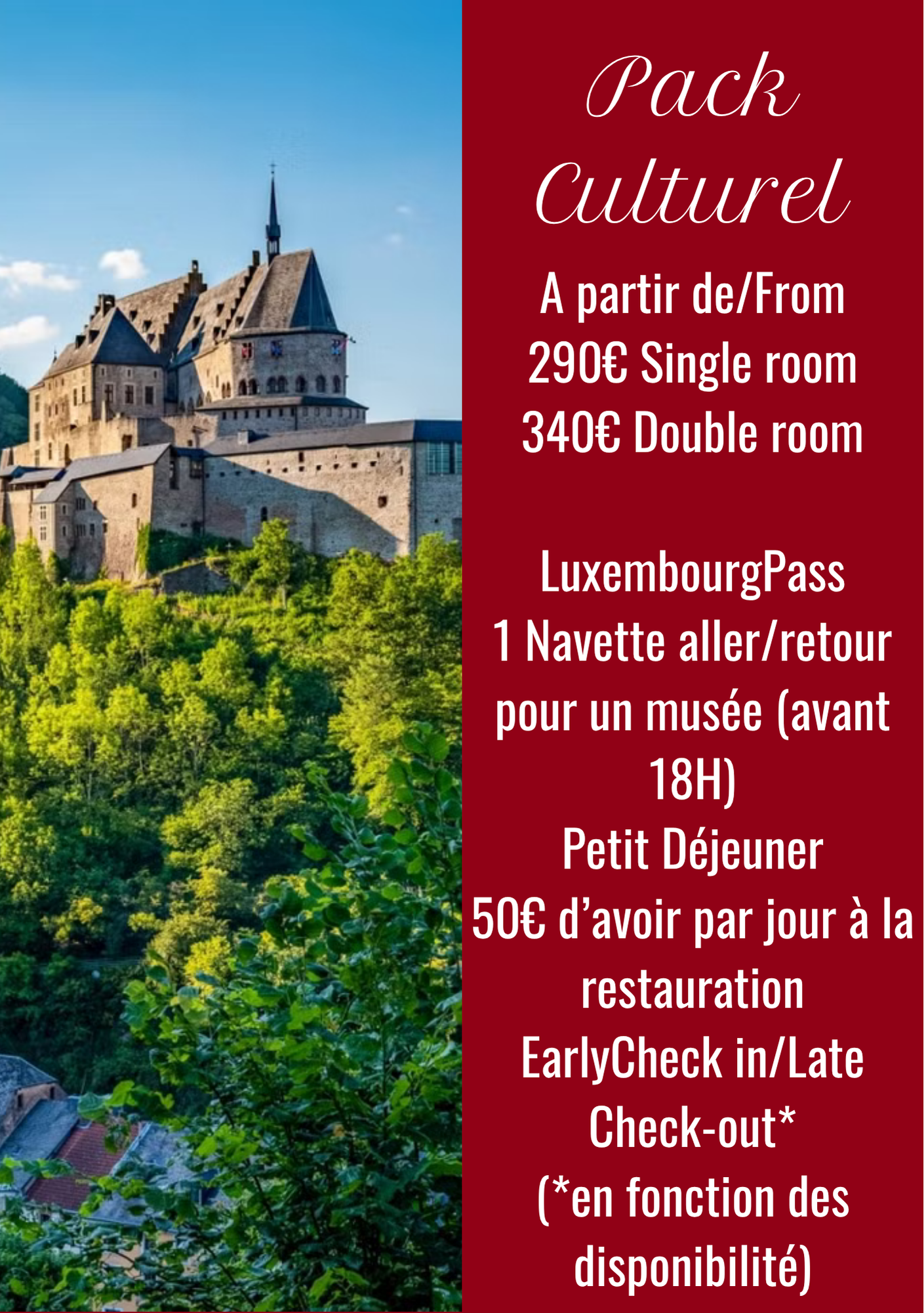 Annonce d'un forfait aventure. Homme avec sac à dos au bord d'un lac, colonne rouge avec texte : 3 nuits, prix, petit-déjeuner, pique-nique, carte de randonnée, arrivée/départ.