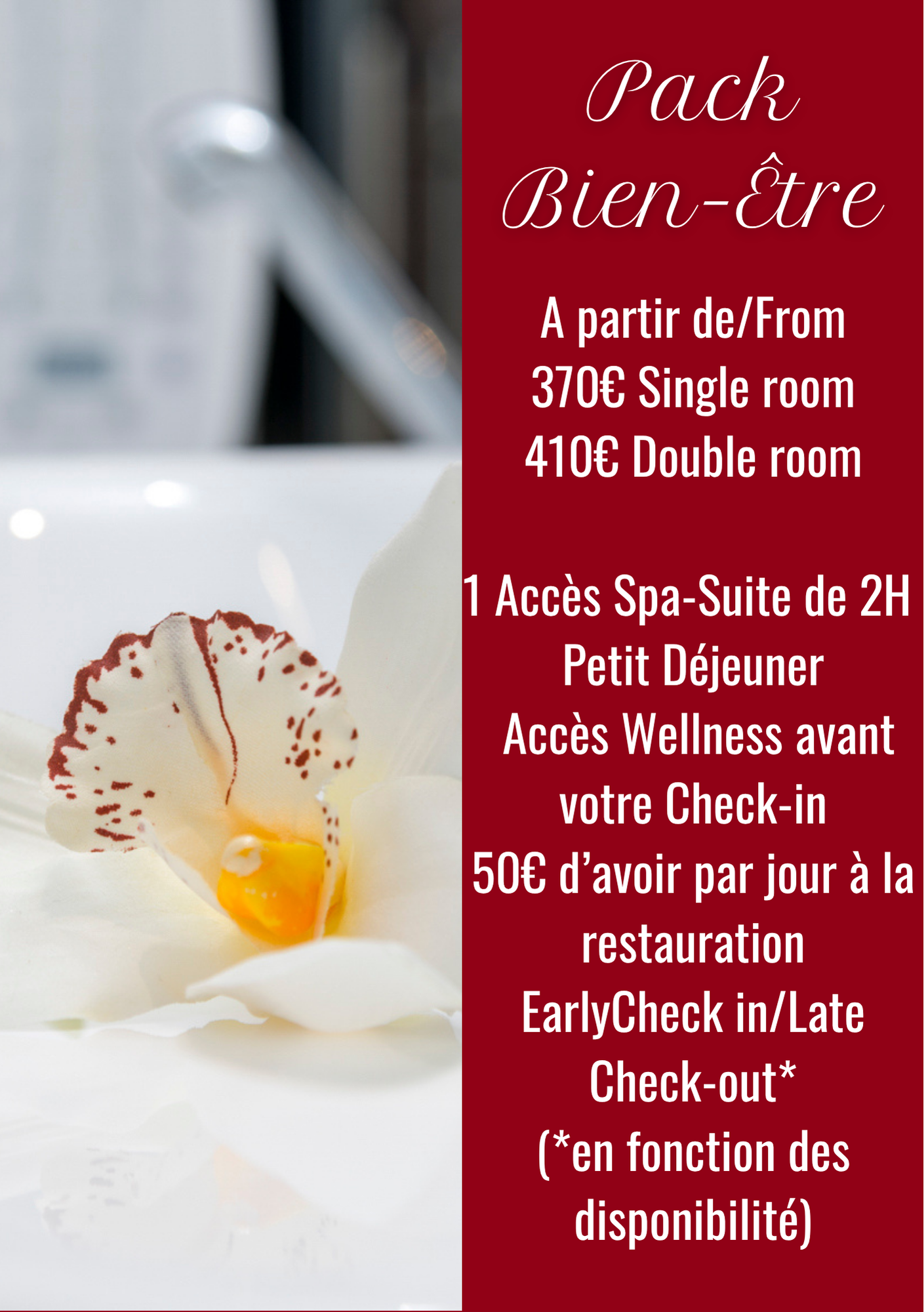 Couple en randonnée avec sac à dos rouge et vert. Annonce « Pack Découverte » : nuitée, carte de randonnée, pique-nique, départ anticipé/tardif.