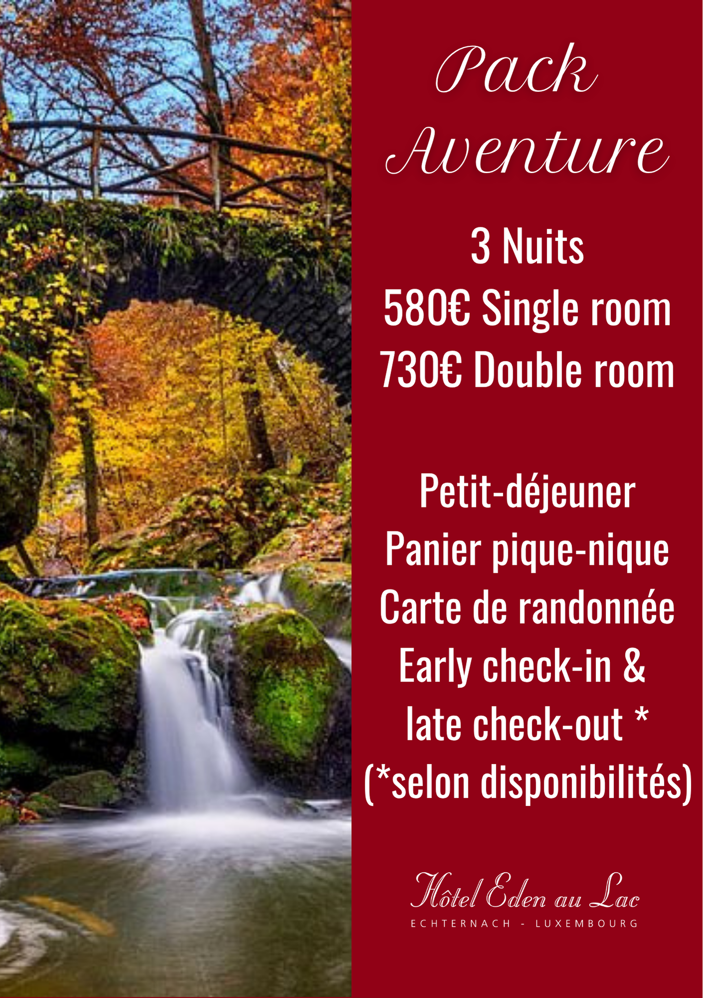 Annonce d'un forfait aventure. Homme avec sac à dos au bord d'un lac, colonne rouge avec texte : 3 nuits, prix, petit-déjeuner, pique-nique, carte de randonnée, arrivée/départ.