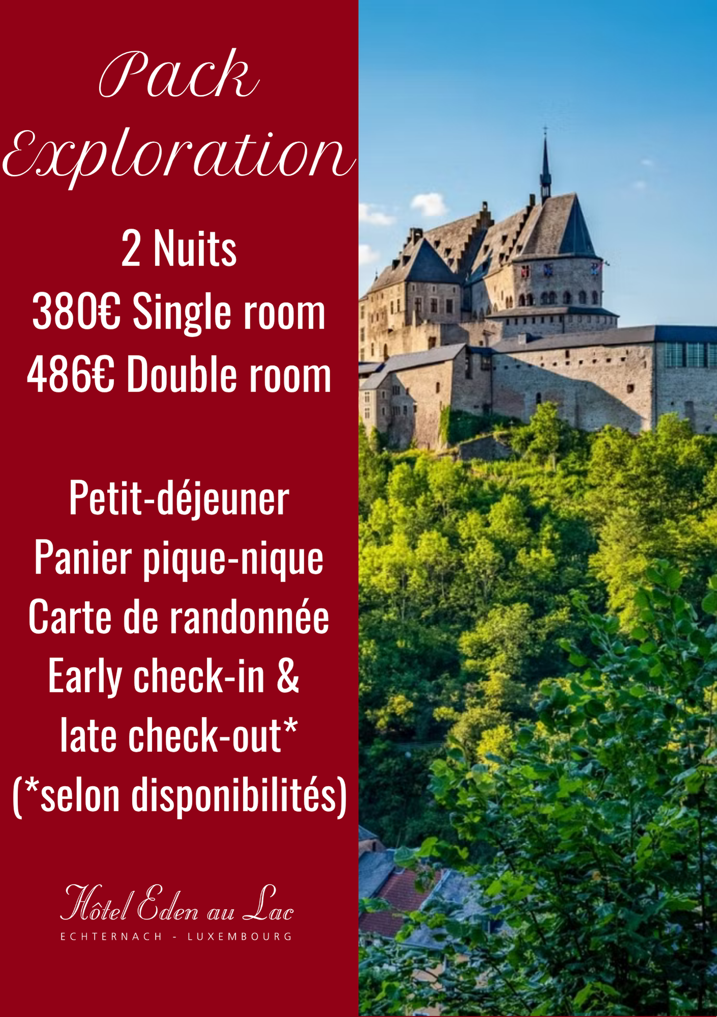 Dépliant promotionnel « Pack Exploration » à l'Hôtel Eden au Lac. Détails du forfait randonnée.