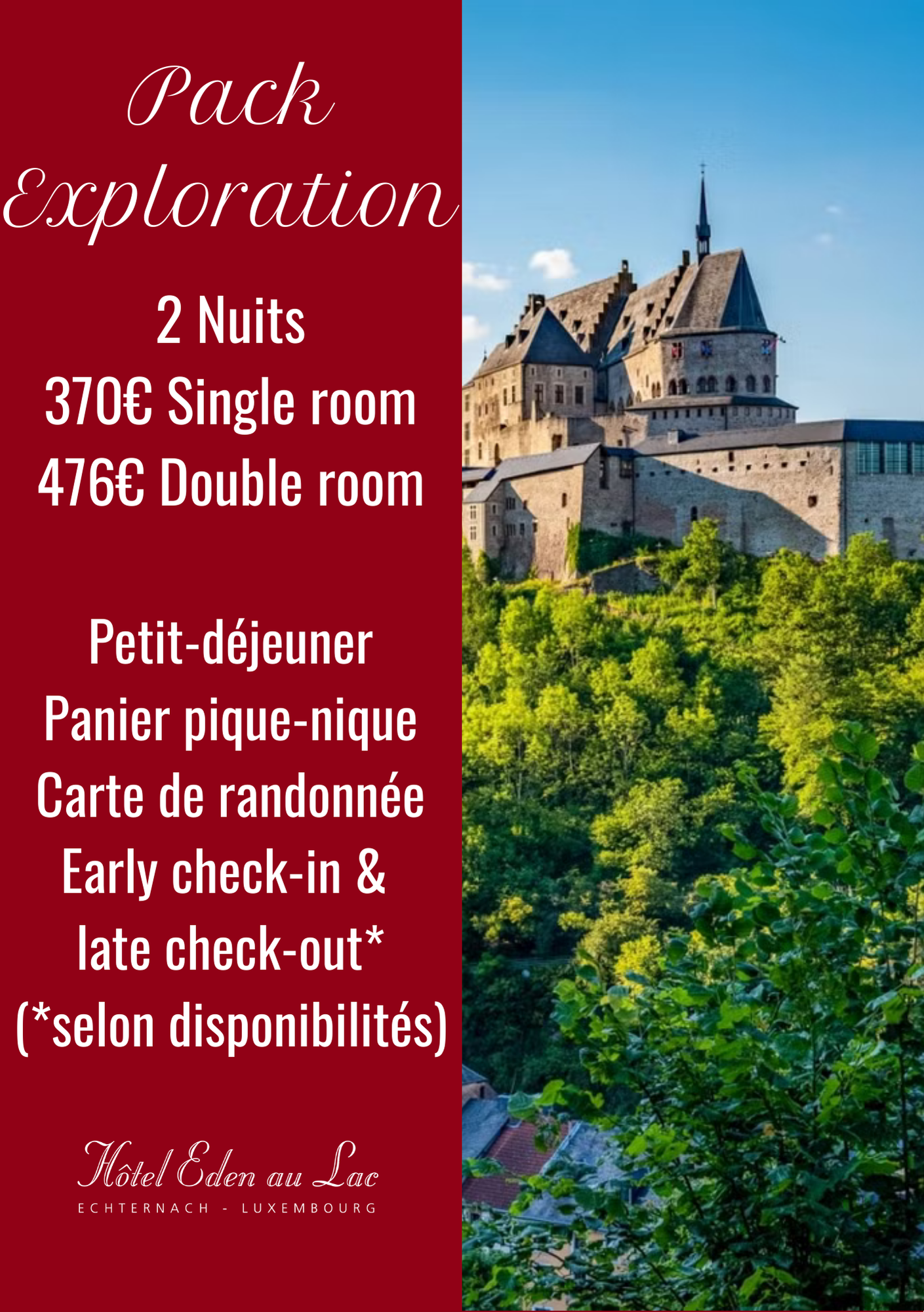 Dépliant promotionnel « Pack Exploration » à l'Hôtel Eden au Lac. Détails du forfait randonnée.