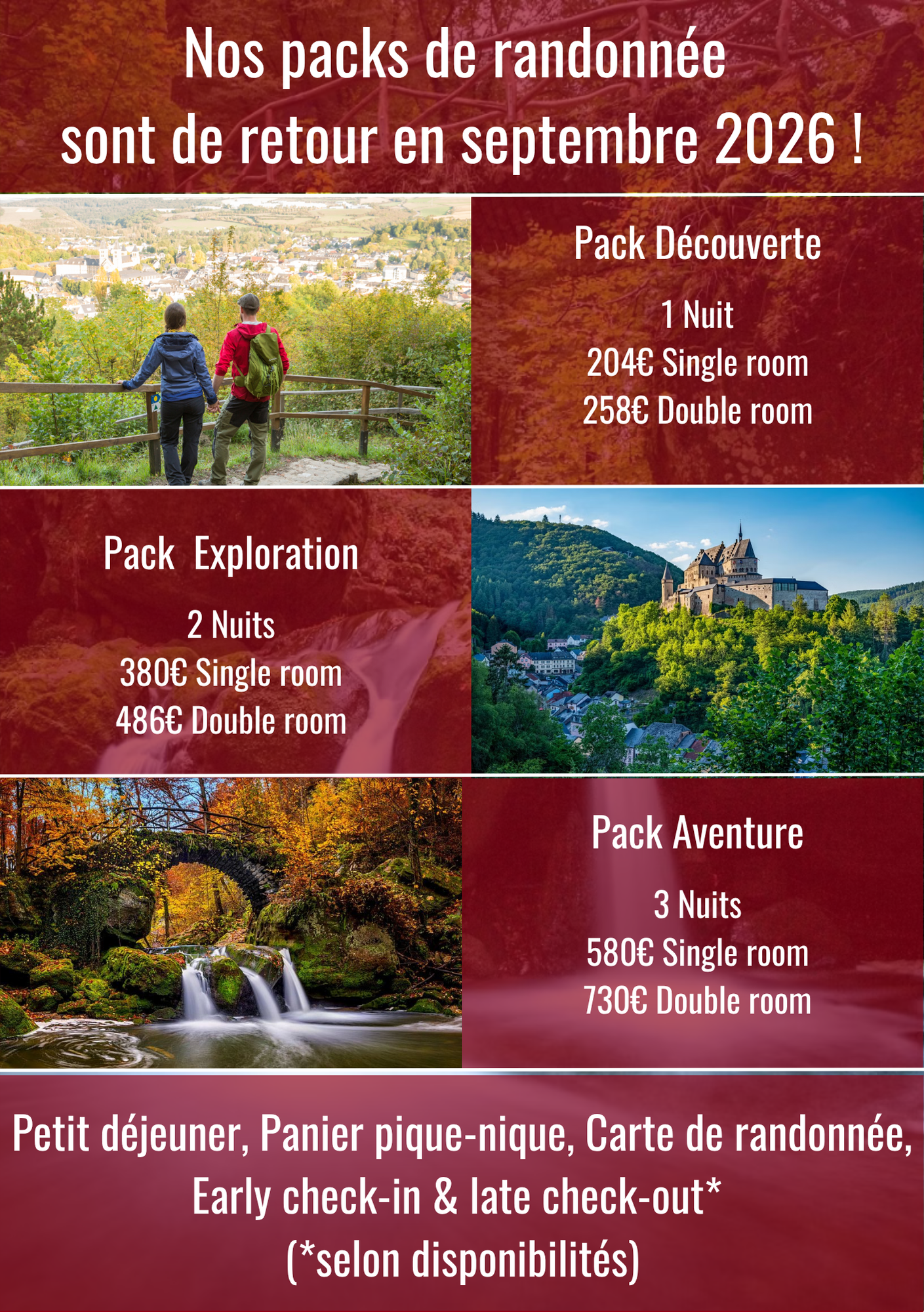 Promotion forfait randonnée : offres pour octobre avec photos et tarifs.