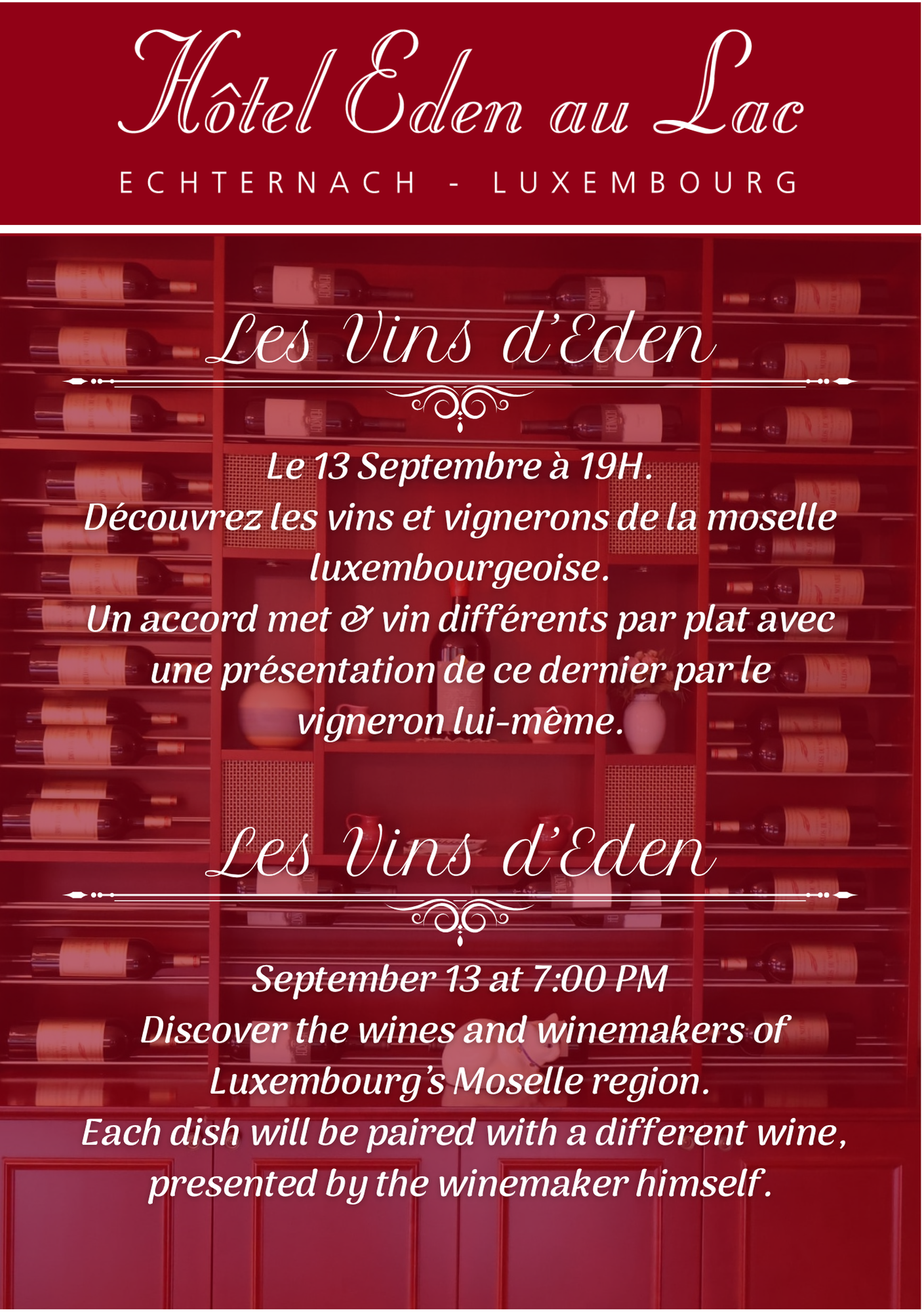 Publicité pour une dégustation de vins à l'Hôtel Eden au Lac à Luxembourg. Avec un arrière-plan représentant une cave à vin et du texte en français et en anglais.