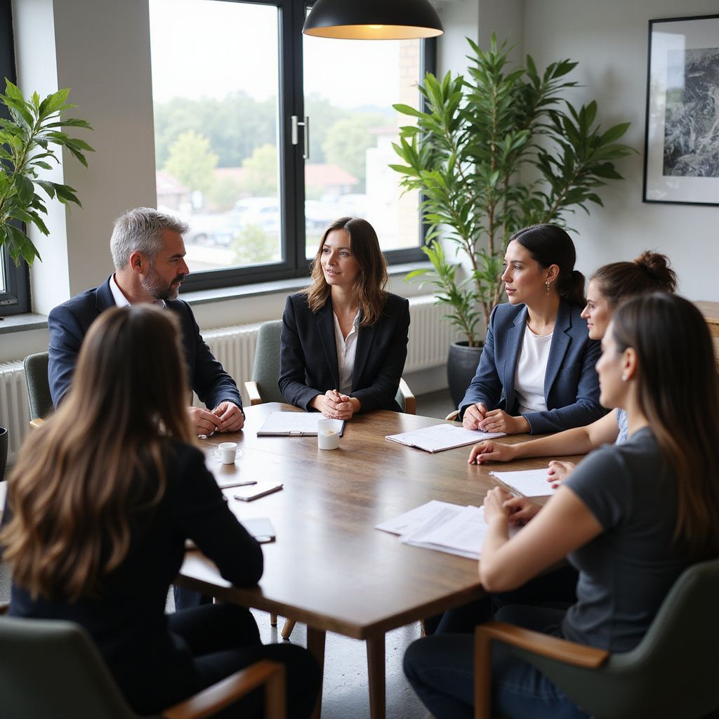 Two women looking at a laptop together, in an office with plants. One points at the screen.
