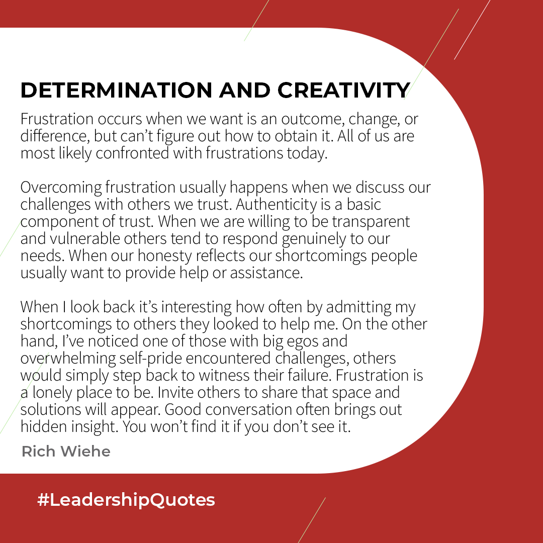 Text about determination and creativity on a red background with the hashtag #LeadershipQuotes.