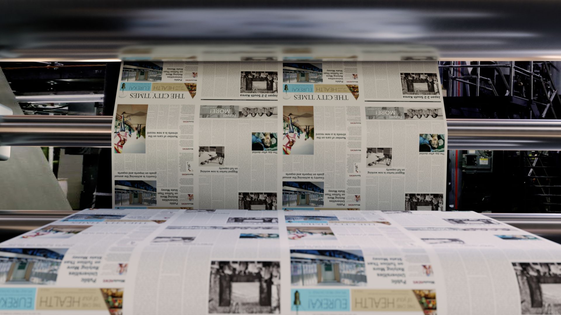 A bunch of newspapers are being printed on a machine.