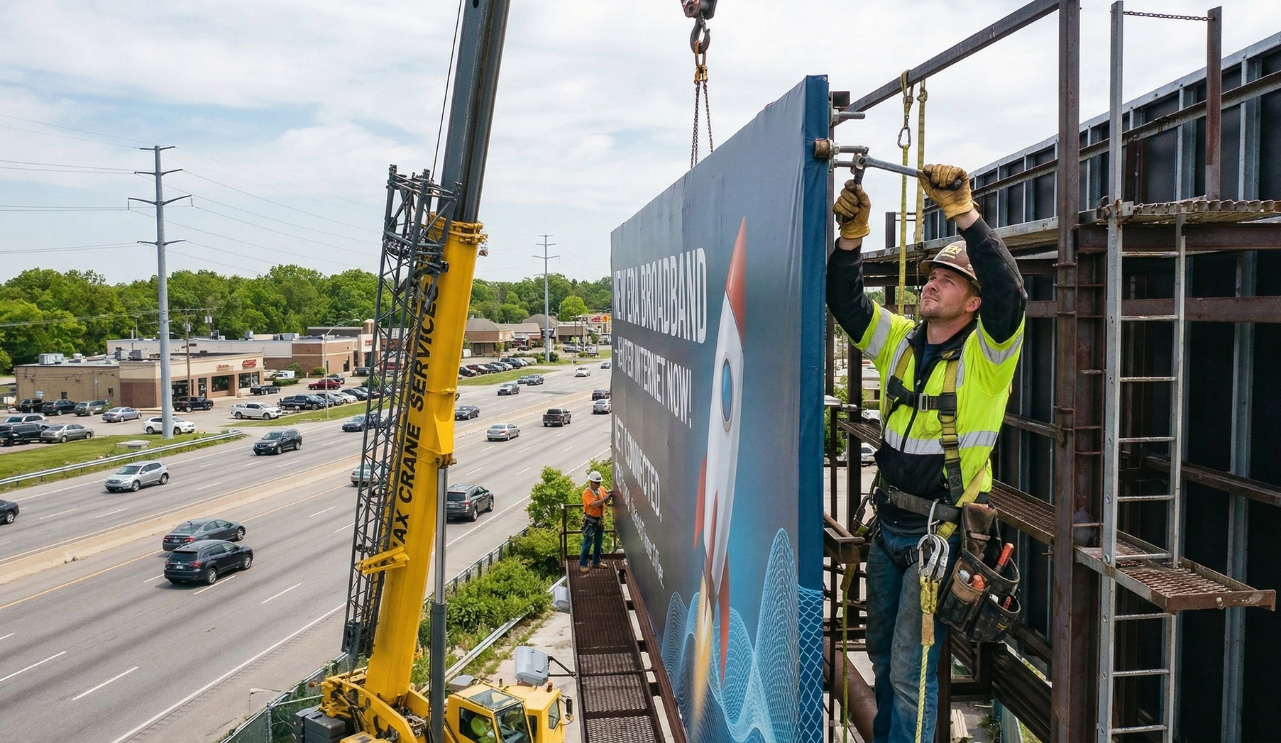 Two people changing a billboard. One on a ladder, the other at the top. Billboard has show advertisement.