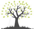 A silhouette of a tree with green leaves on a white background.