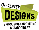 Logo for OffCenter Designs: Green geometric shapes with bold black text 
