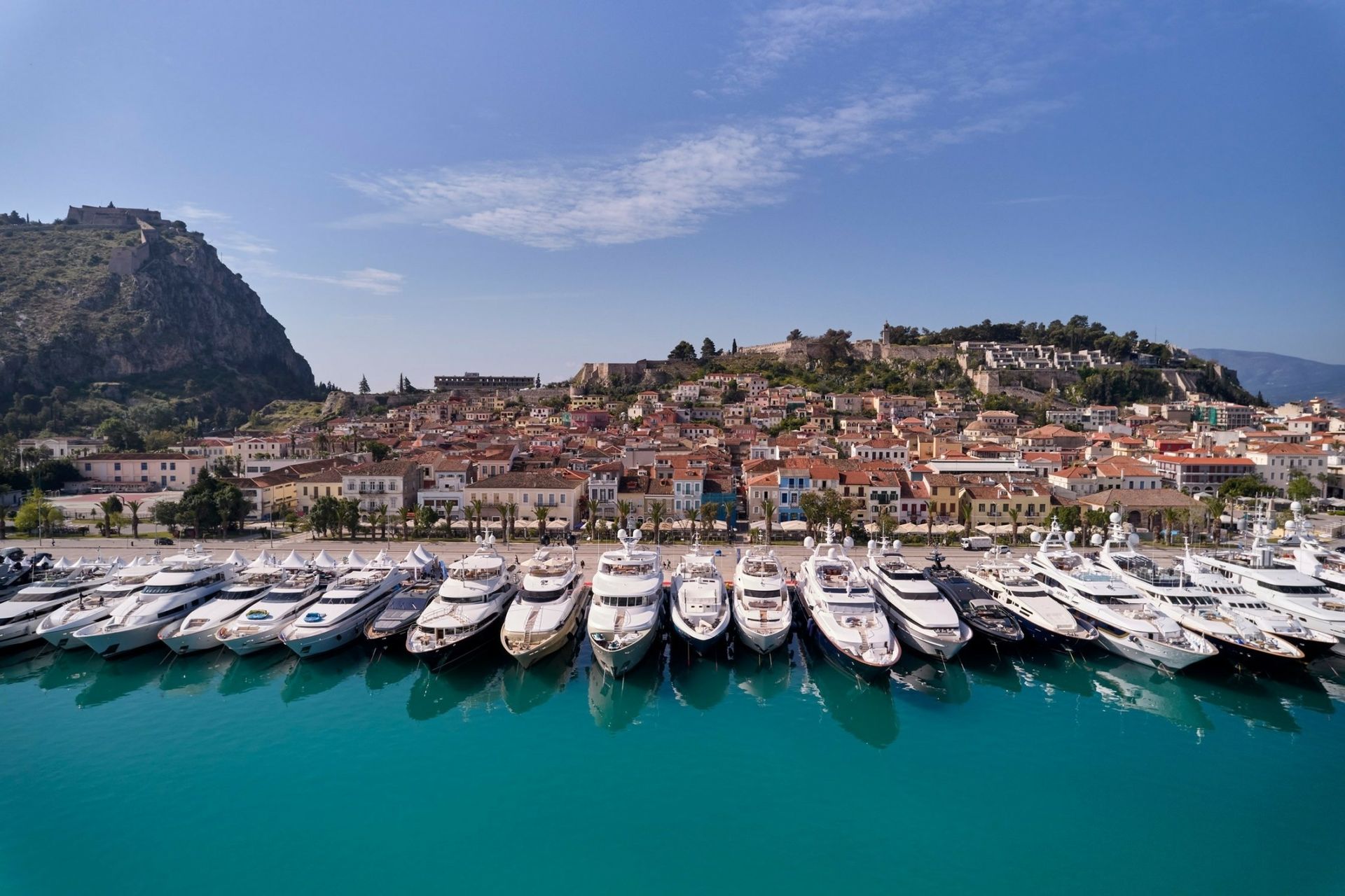 Superyacht anchored in Nafplion Greece for the Mediterranean Yacht Show