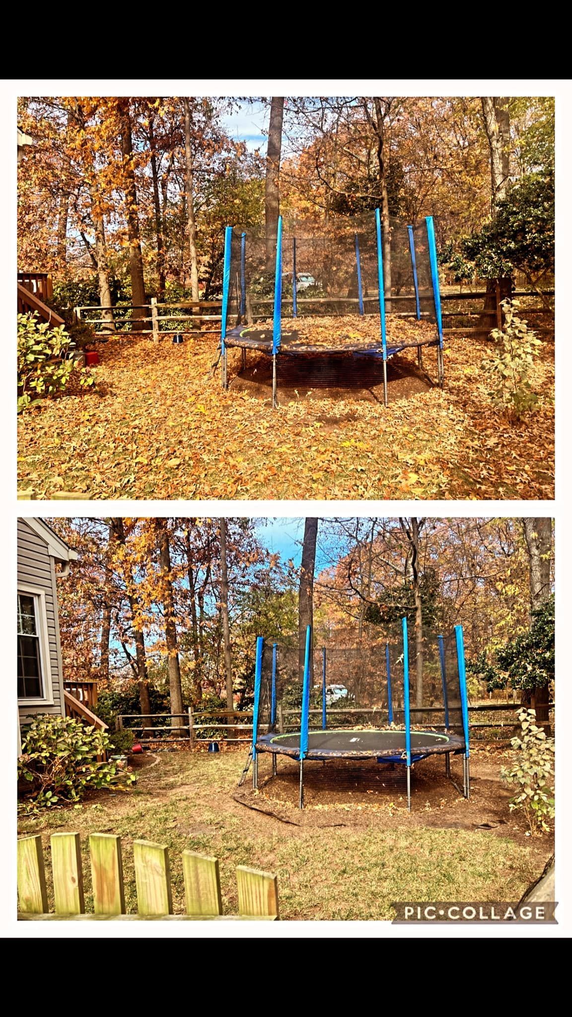 A before and after picture of a trampoline in a yard covered in leaves.