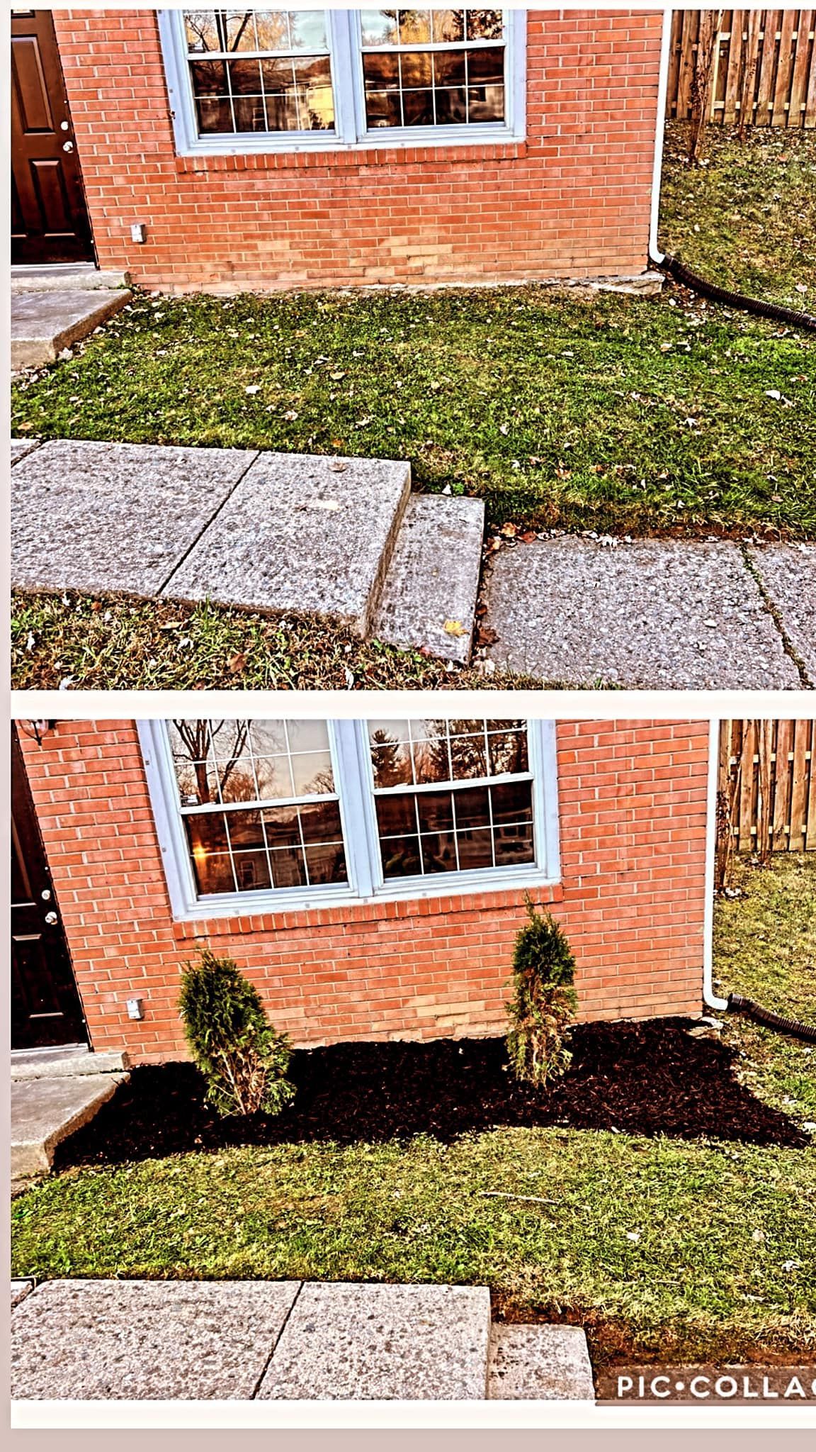 A collage of three pictures of a lawn in front of a brick house.