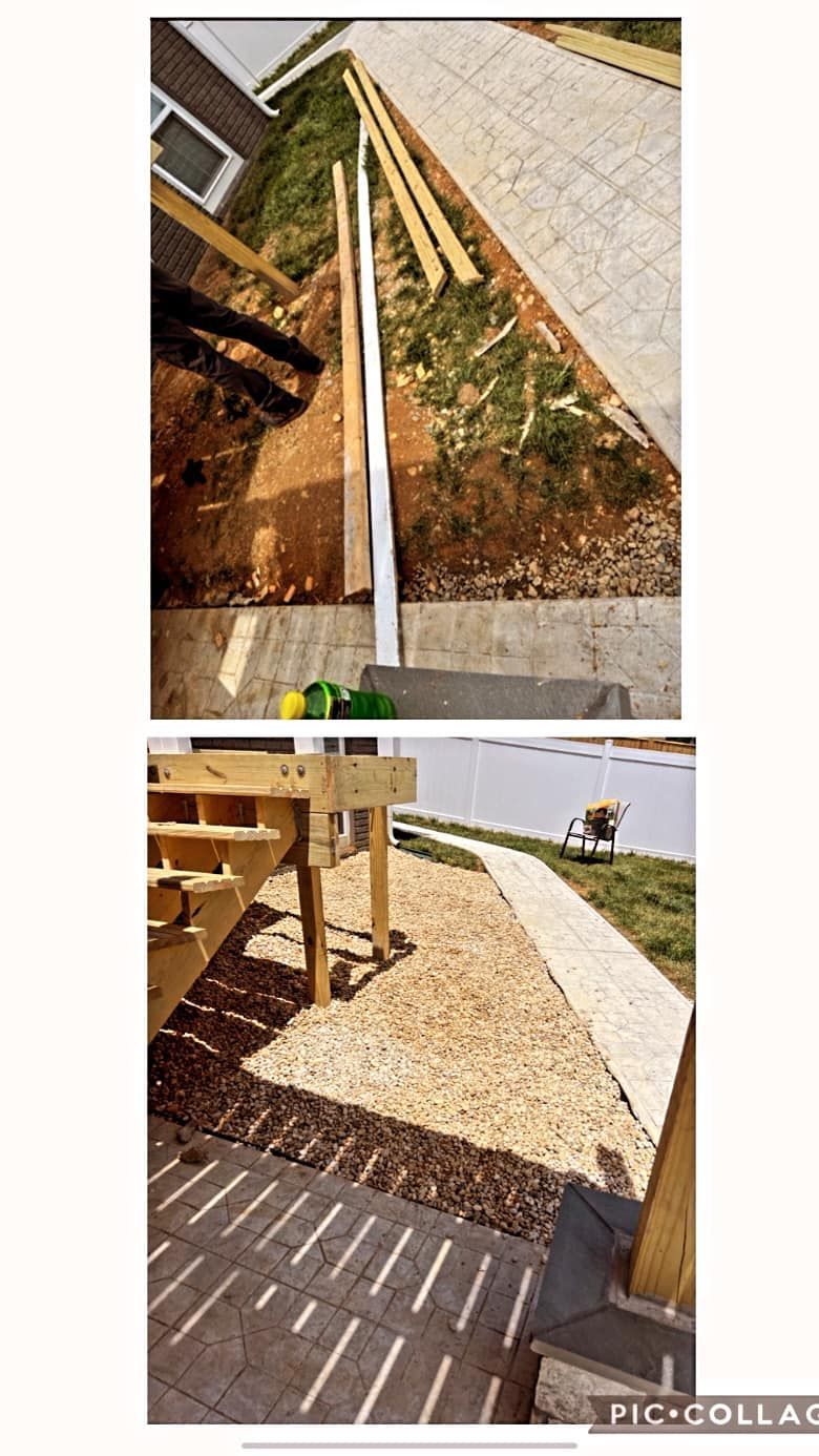 A collage of three pictures of a wooden deck being built.