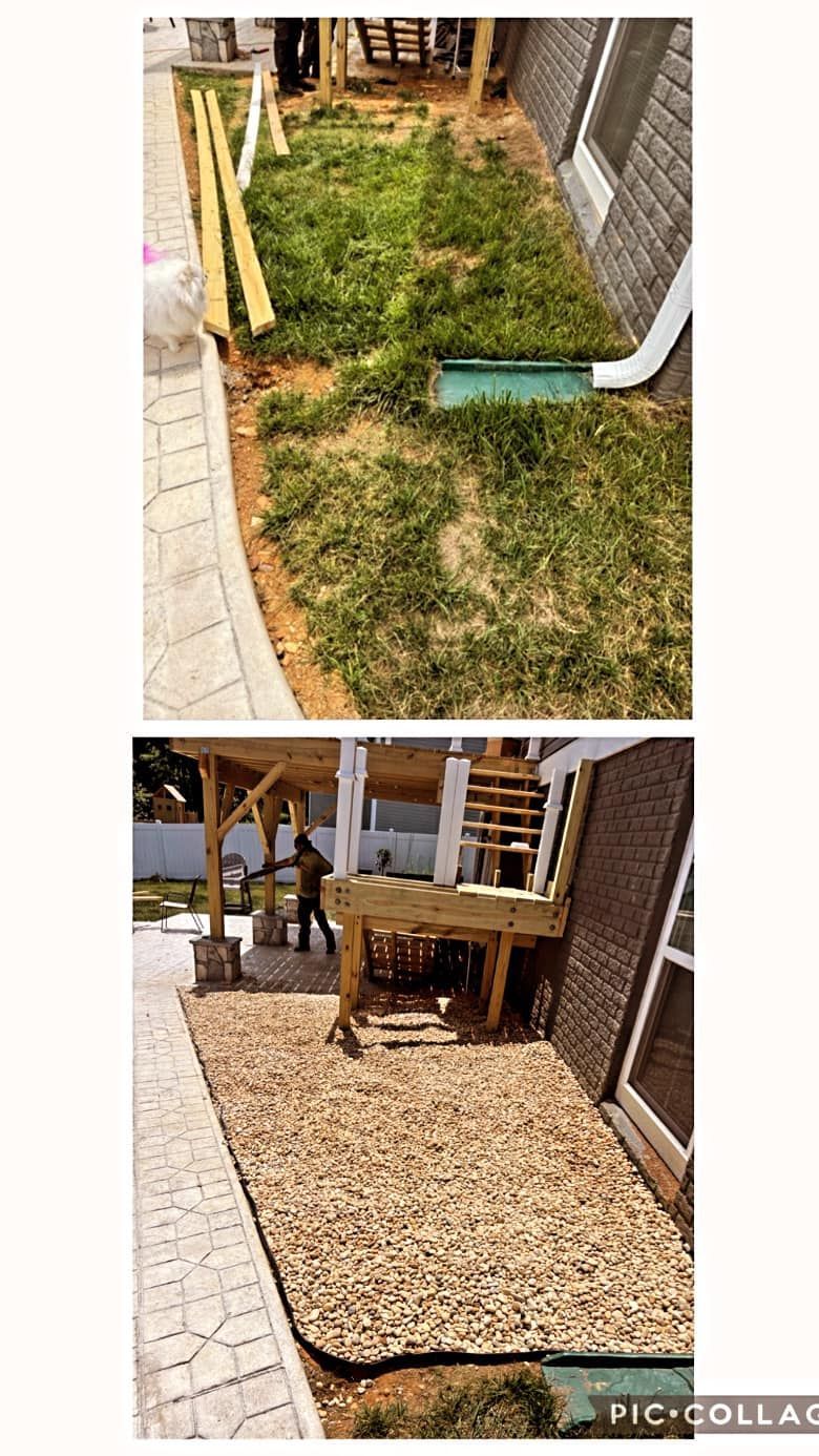 A before and after picture of a lawn being remodeled.