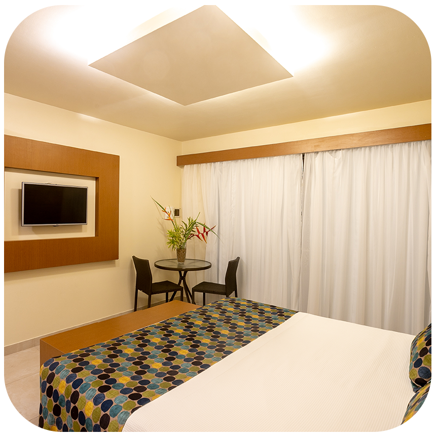 Uma fileira de cadeiras e guarda-sóis estão alinhados perto de uma piscina