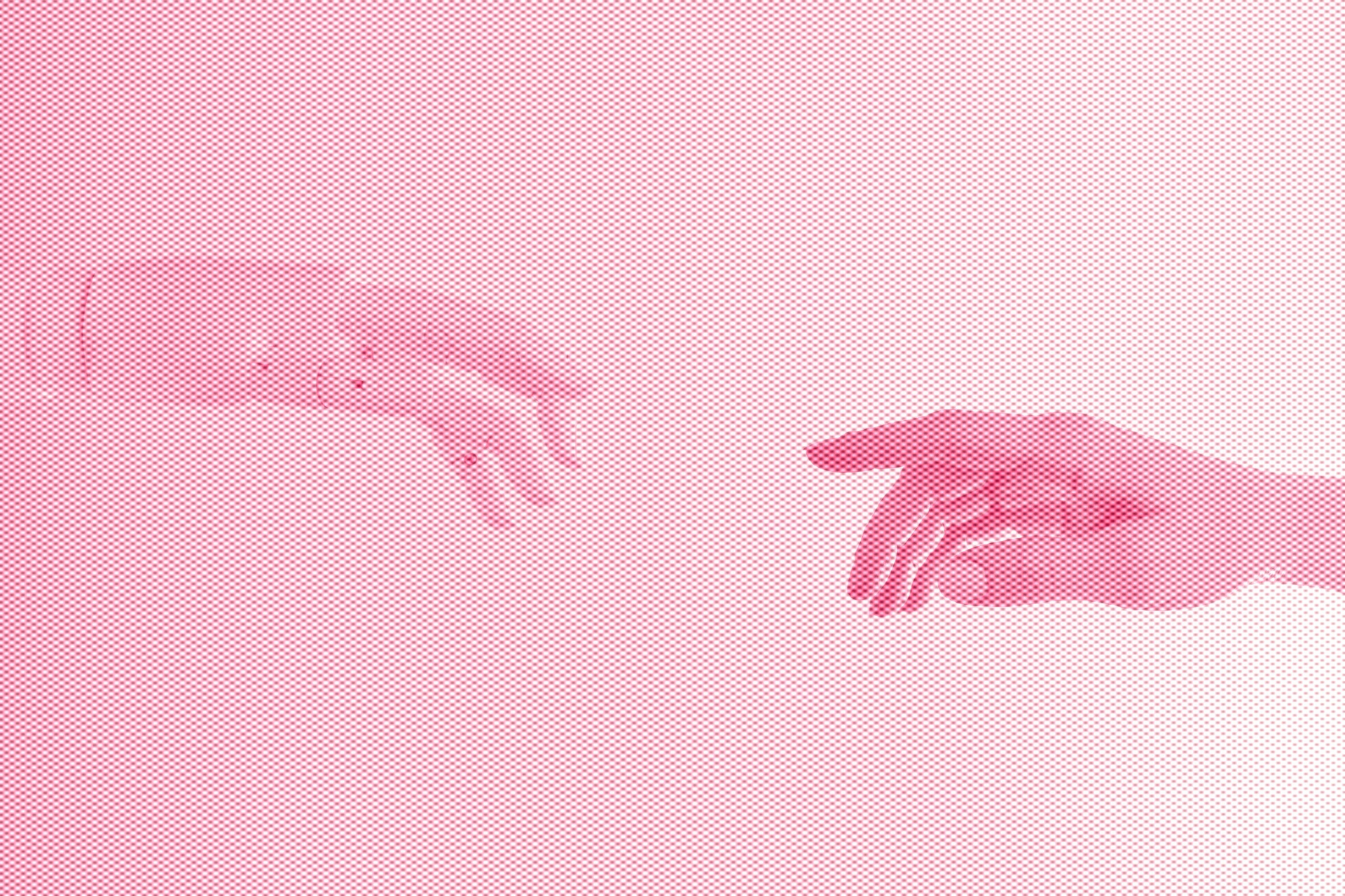 Two hands, rendered in shades of pink with a dotted texture, reach towards each other