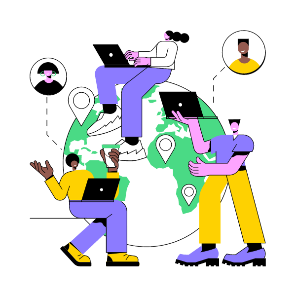 Illustration of three people around a globe using laptops