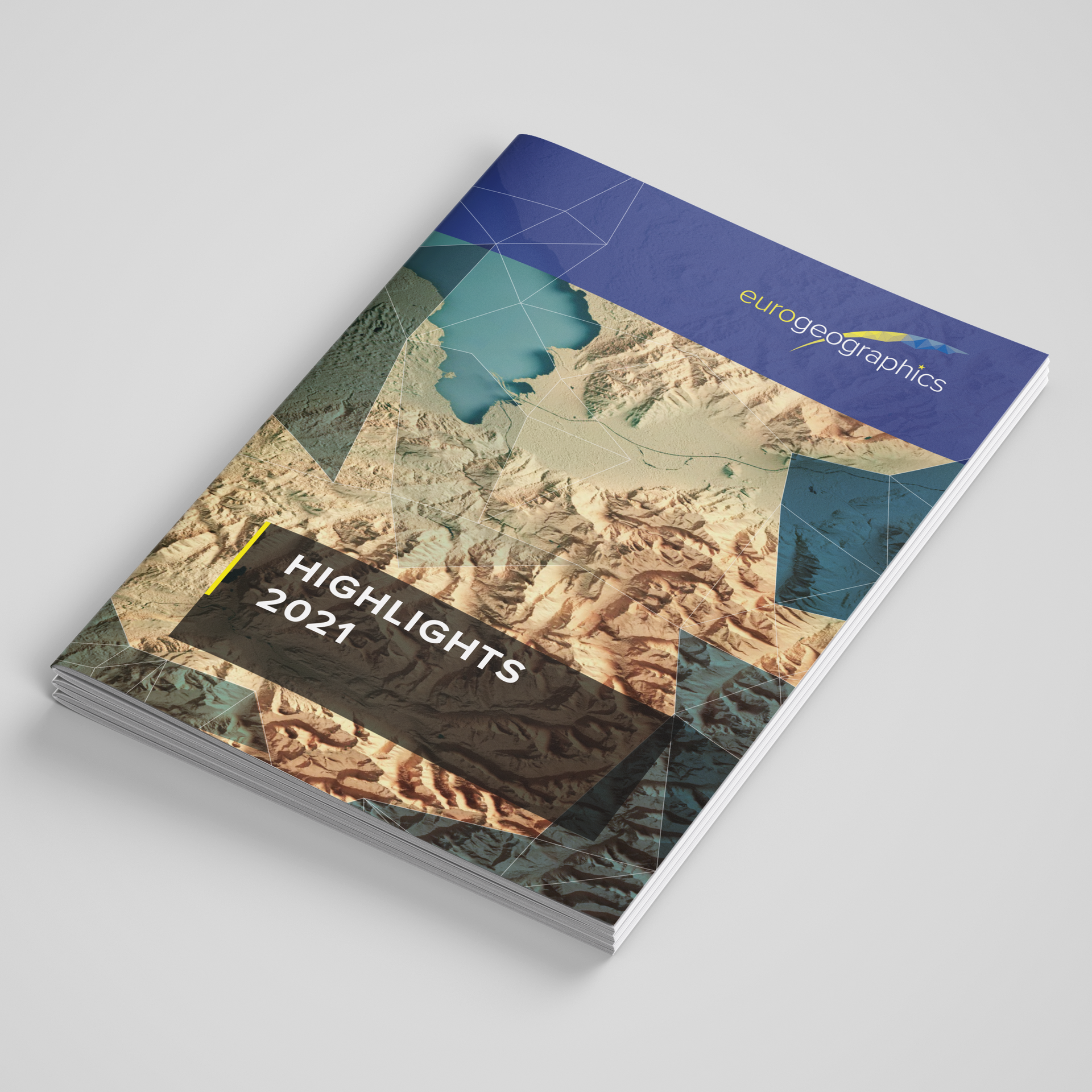 Mockup of cover of the eurogeographics annual report highlights 2021