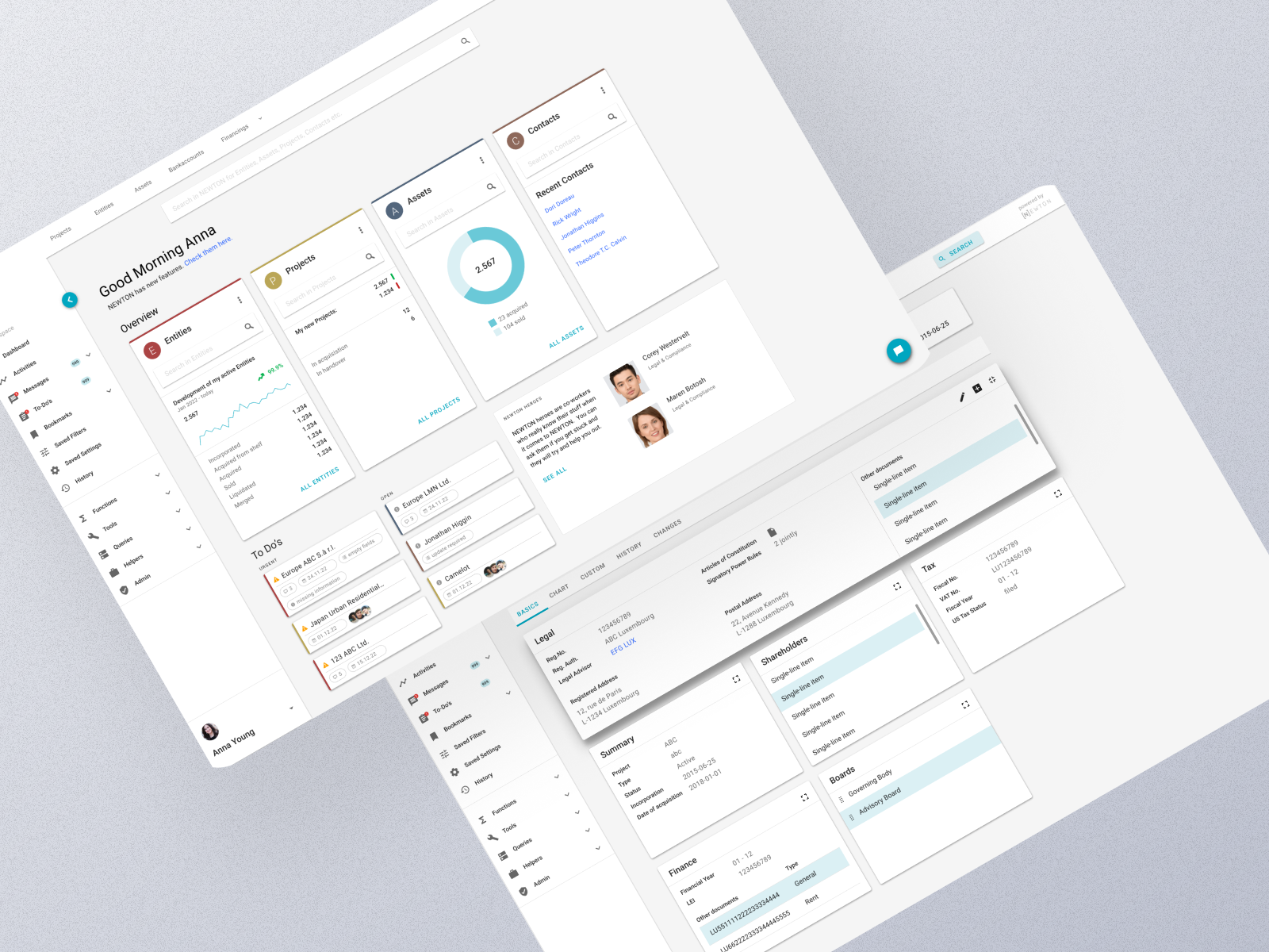 User-friendly SAAS dashboard interface for NEWTON, optimized for legal entity management