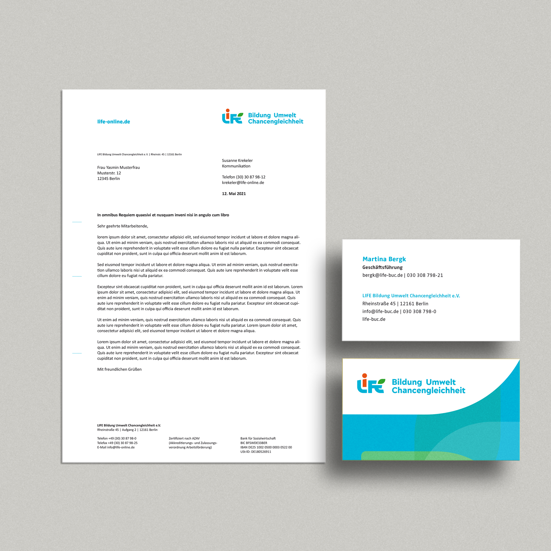 Business stationery for LIFE e.V featuring clear visual hierarchy and bold colors 