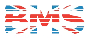 A red , white and blue BMS logo on a white background