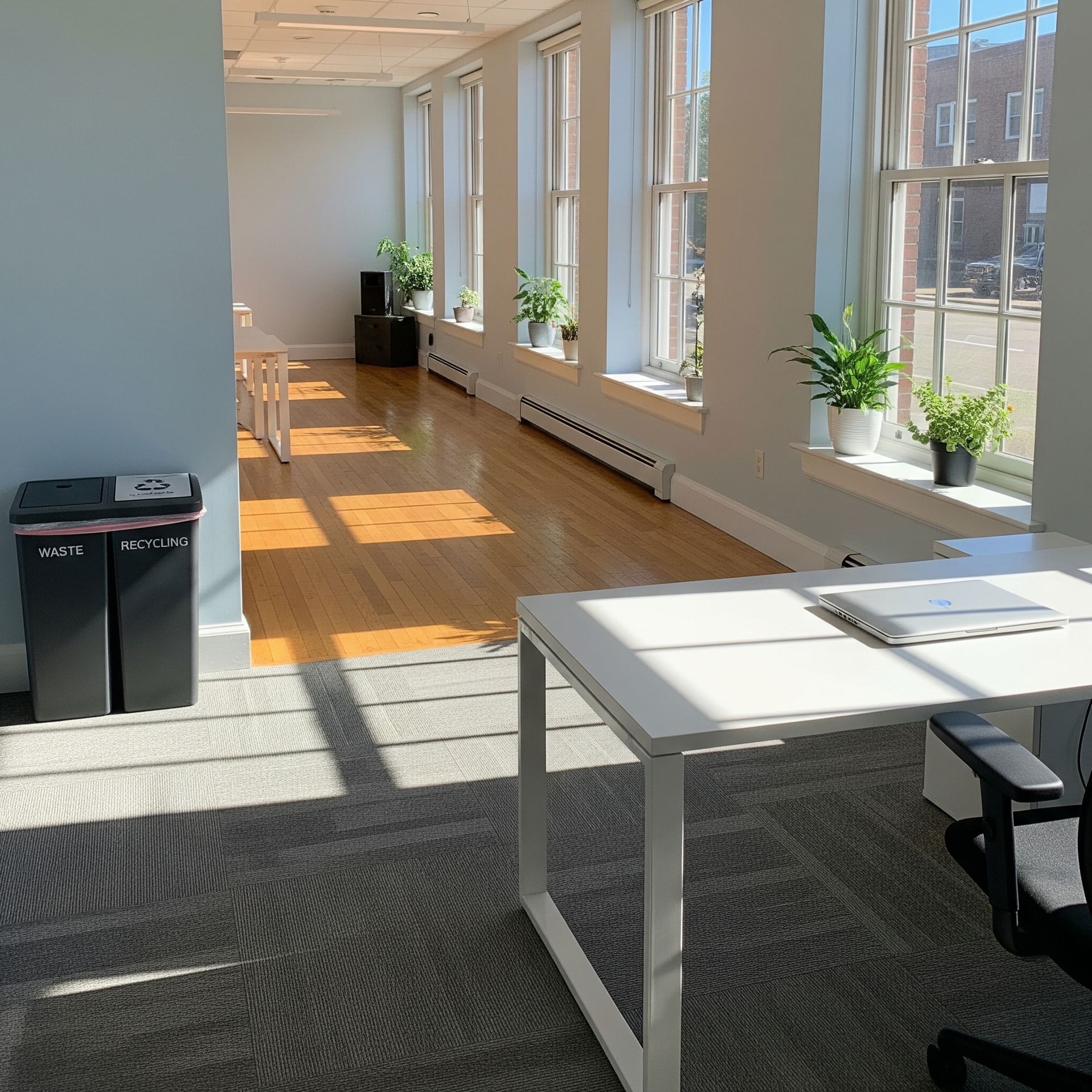 Bright office with sunlight on hardwood floor, plants on window sills, and a desk.