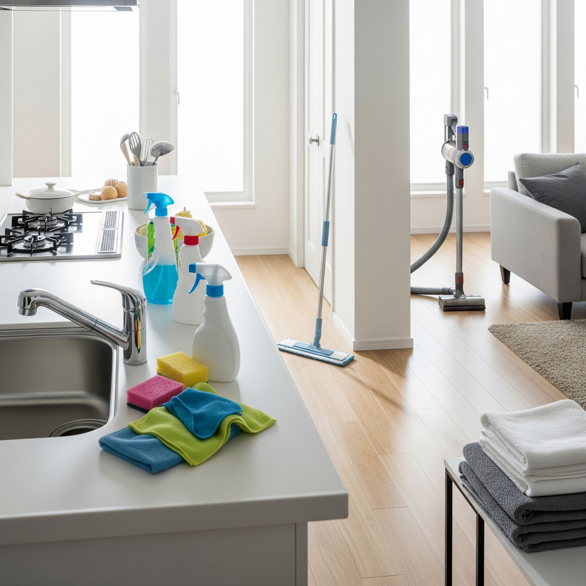 A kitchen and living space with cleaning supplies on a counter, vacuum, and mop.