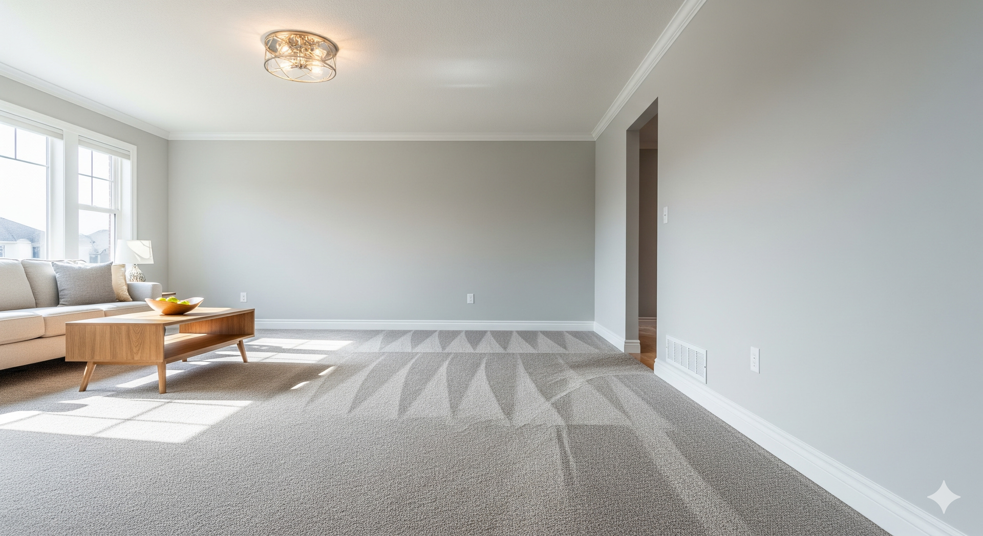 Empty living room with gray walls, beige sofa, and patterned gray carpet.
