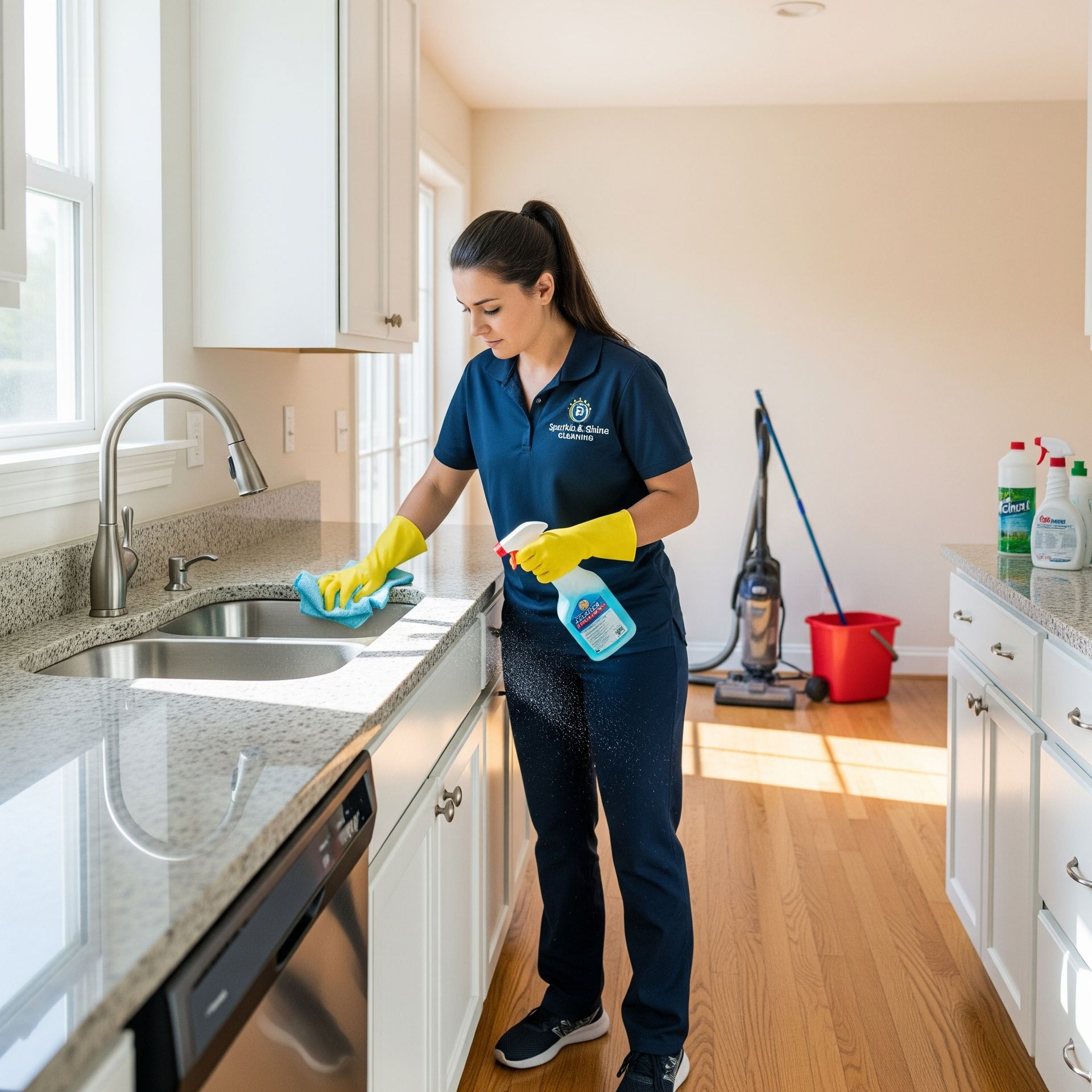 Woman in blue uniform cleans kitchen countertop with spray and cloth.